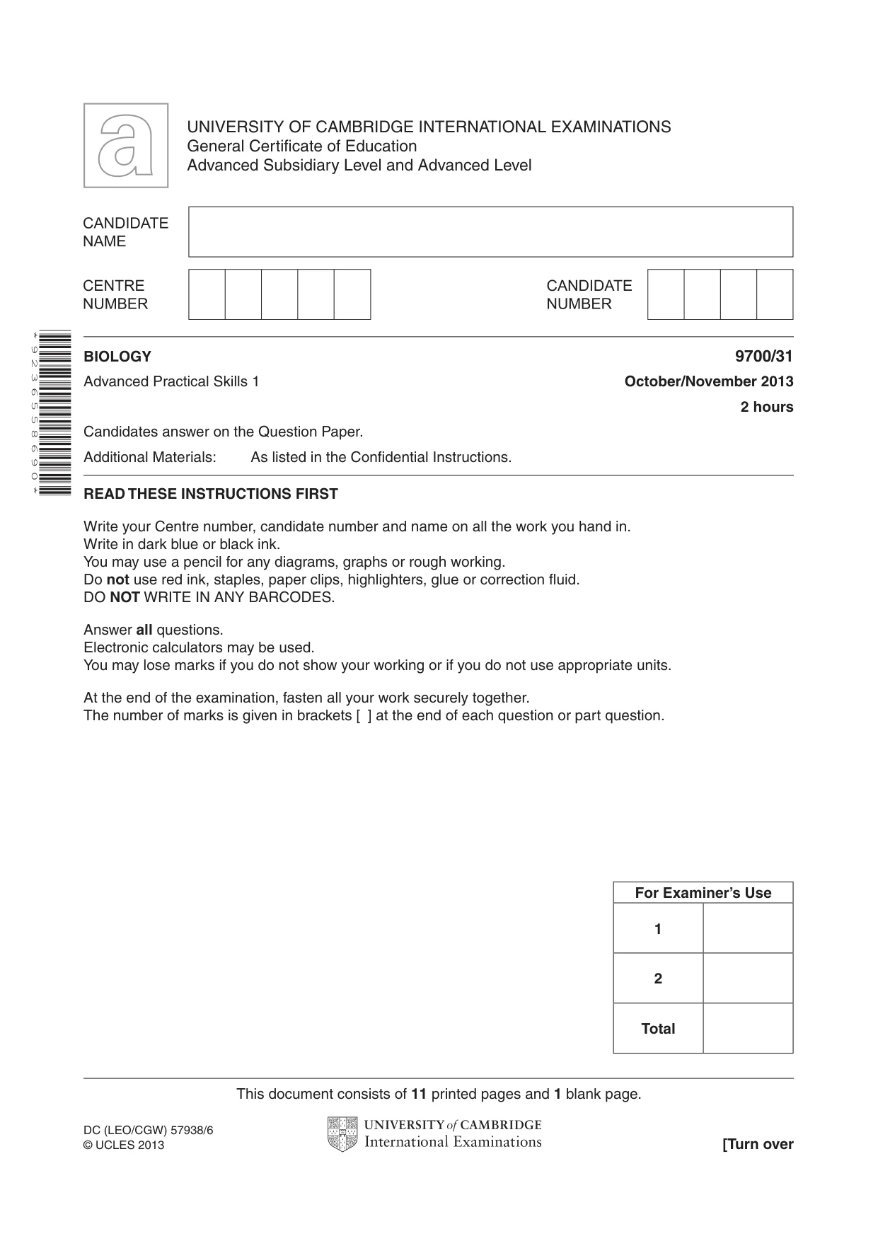 Cambridge A Level Biology 9700 2013 Oct/Nov Paper 3 · Variant 1 question paper, page 1 of 12