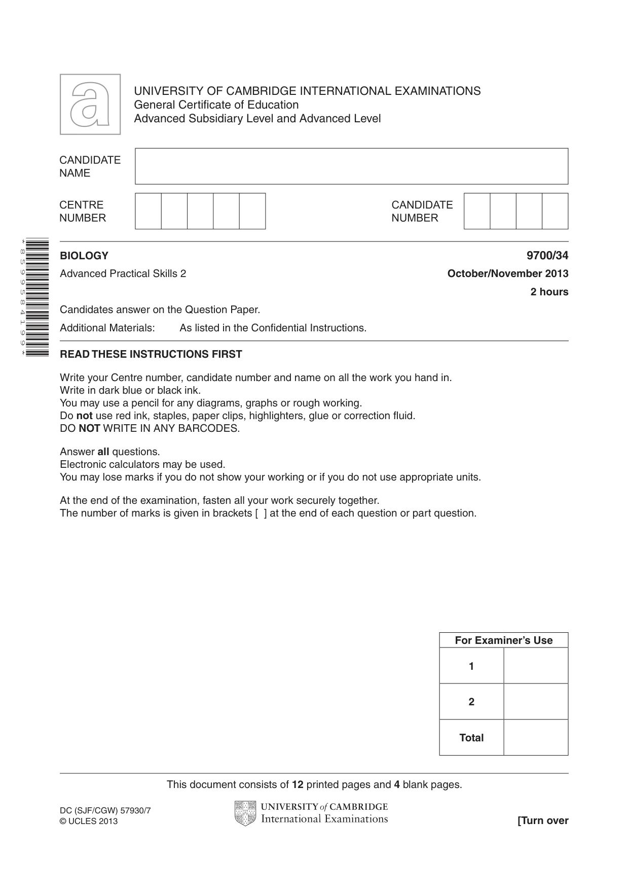 Cambridge A Level Biology 9700 2013 Oct/Nov Paper 3 · Variant 4 question paper, page 1 of 16