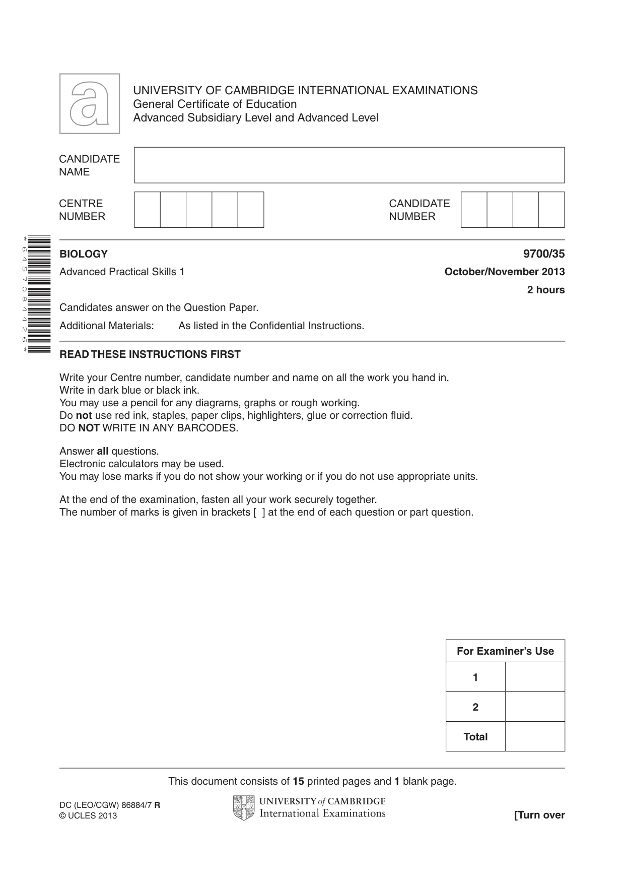 Cambridge A Level Biology 9700 2013 Oct/Nov Paper 3 · Variant 5 question paper, page 1 of 16