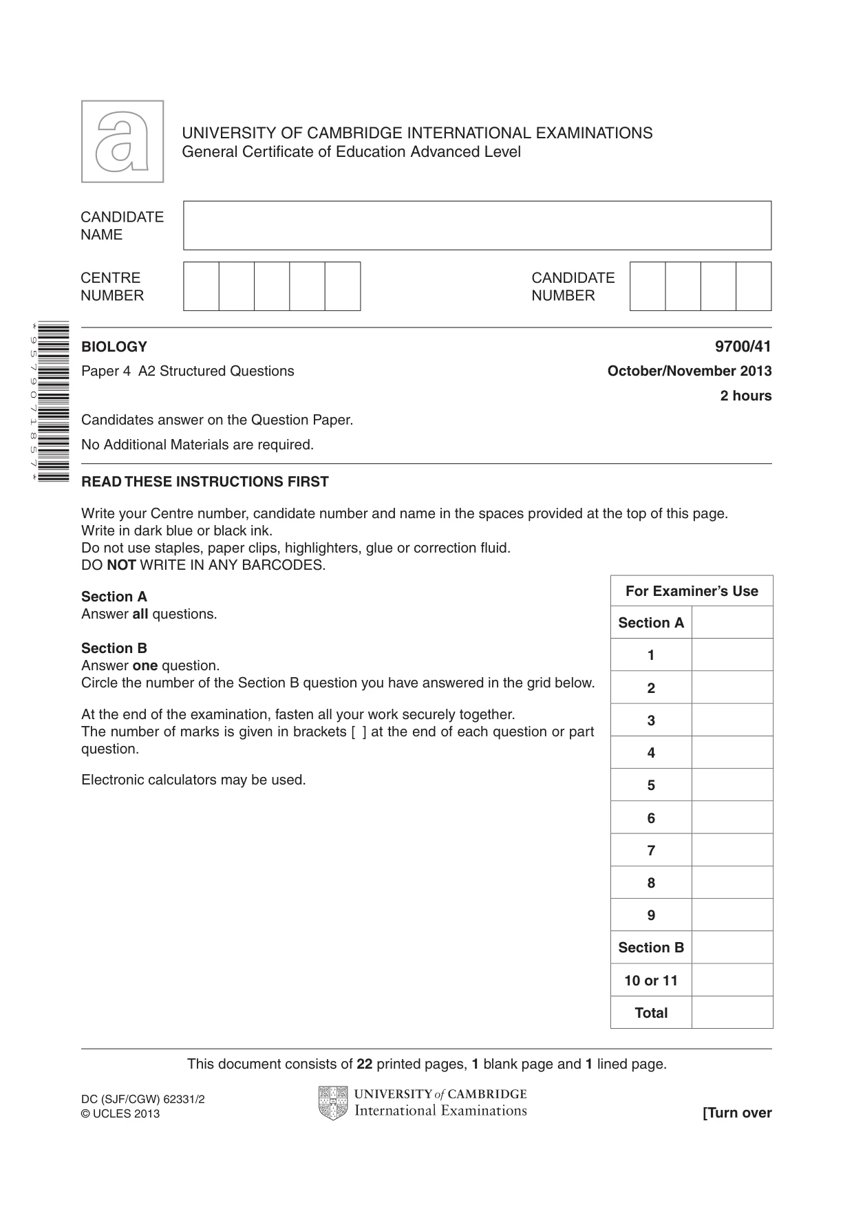 Cambridge A Level Biology 9700 2013 Oct/Nov Paper 4 · Variant 1 question paper, page 1 of 24