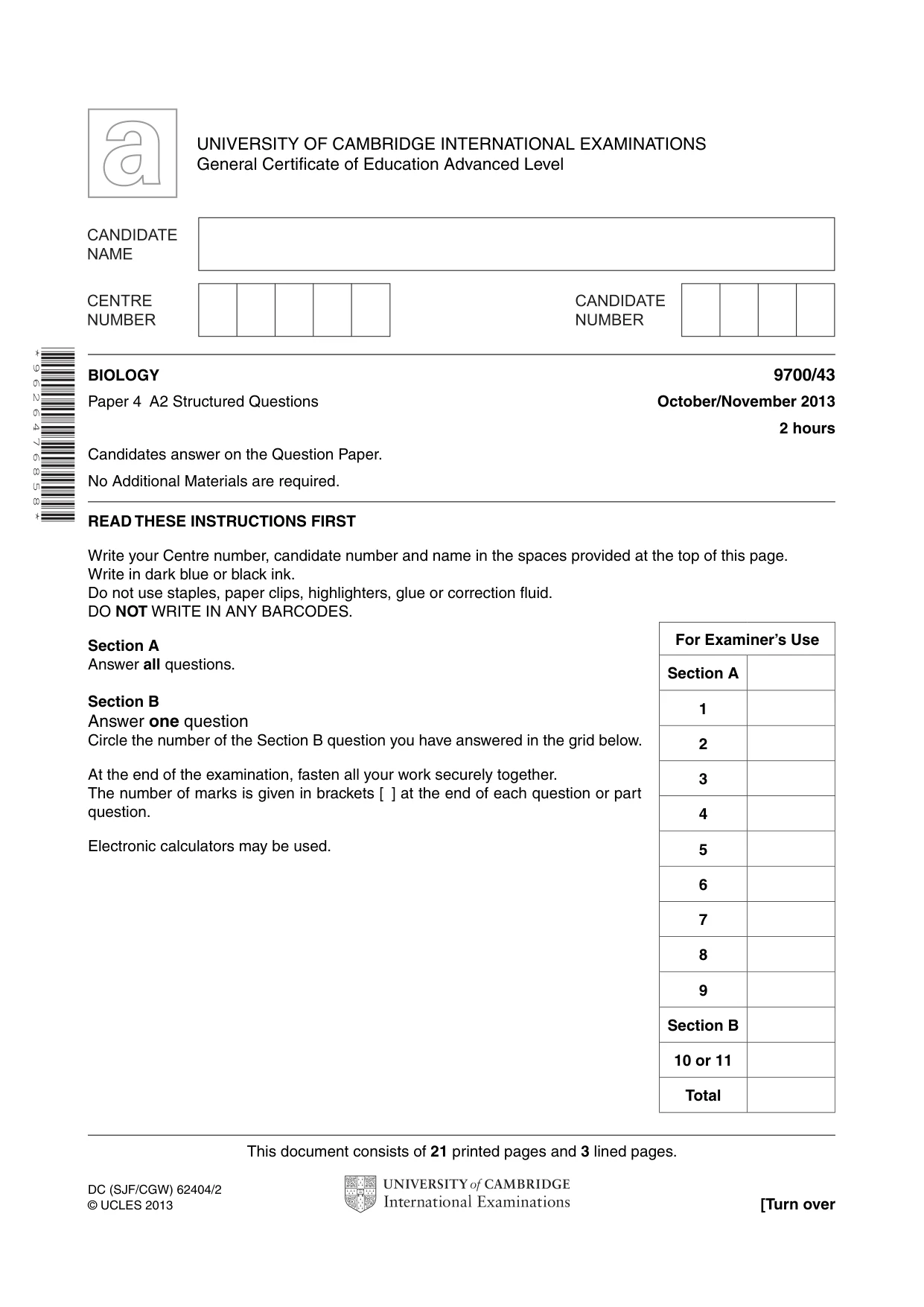 Cambridge A Level Biology 9700 2013 Oct/Nov Paper 4 · Variant 3 question paper, page 1 of 24