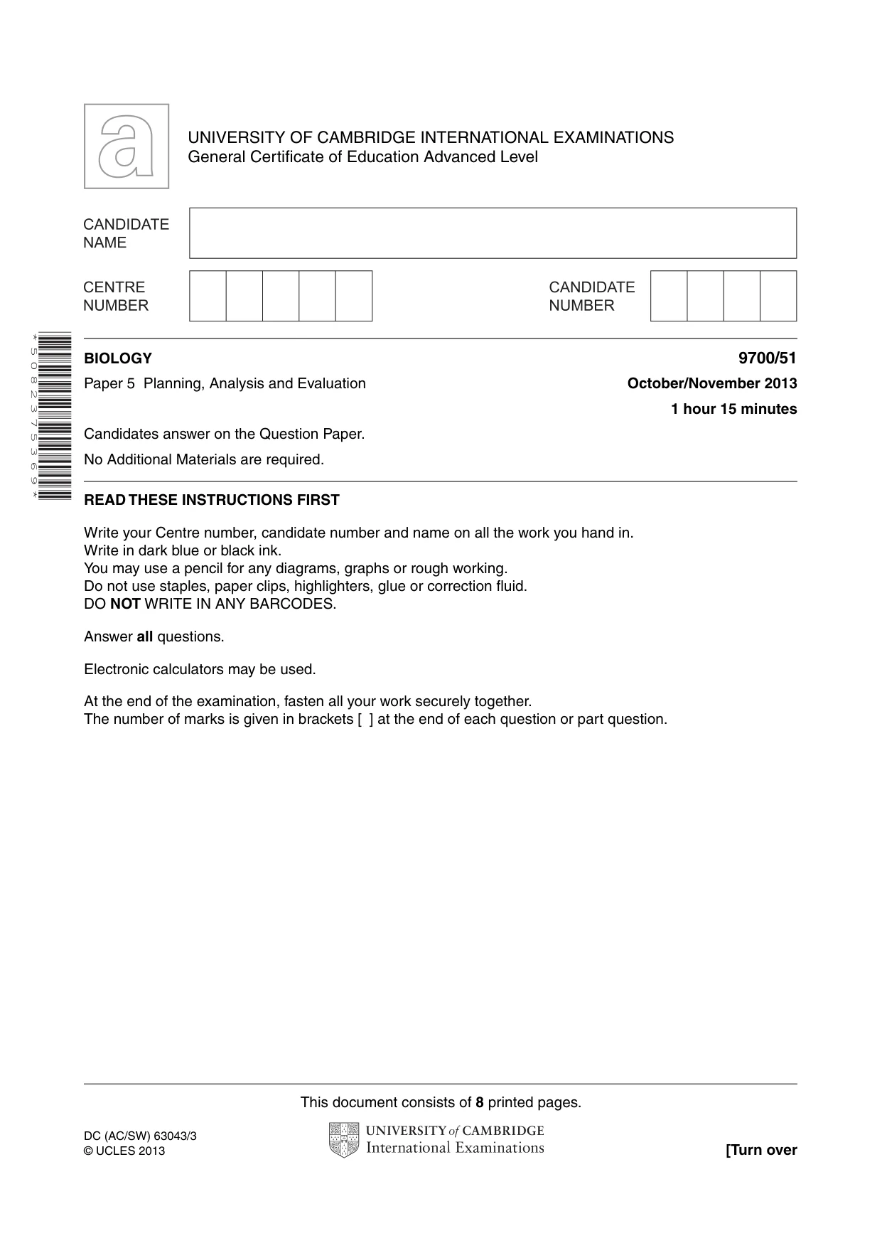 Cambridge A Level Biology 9700 2013 Oct/Nov Paper 5 · Variant 1 question paper, page 1 of 8