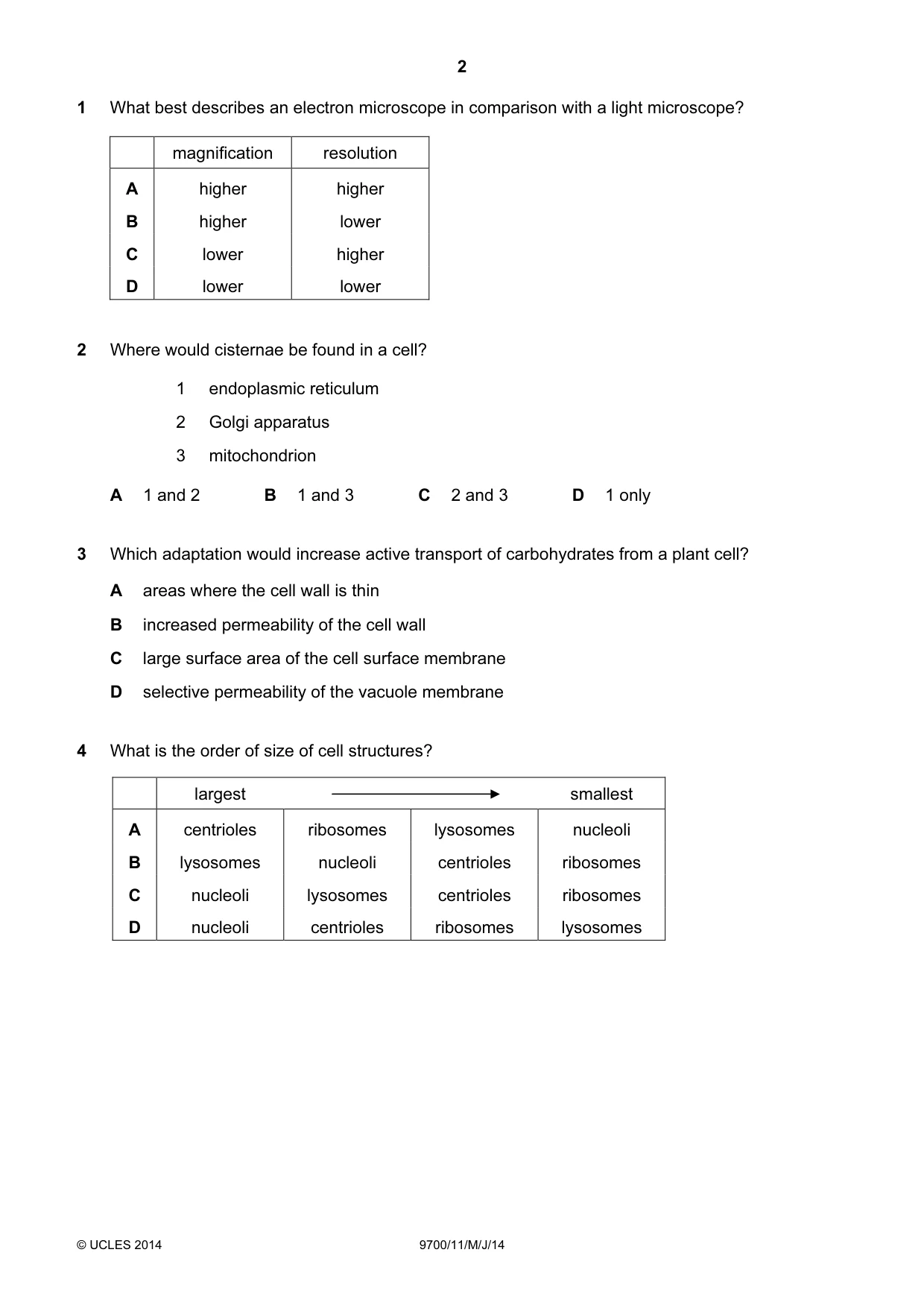 Cambridge A Level Biology 9700 2014 May/June Paper 1 · Variant 1 question paper, page 2 of 20