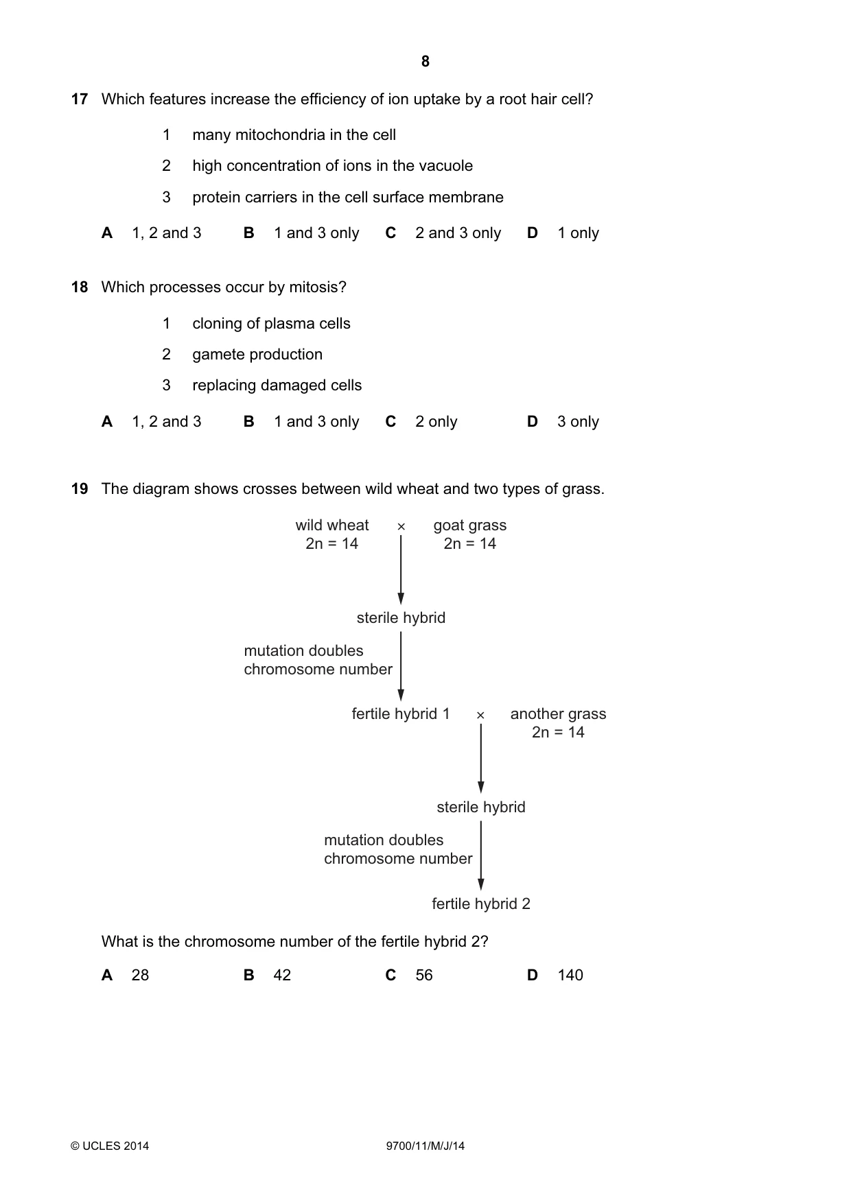 Cambridge A Level Biology 9700 2014 May/June Paper 1 · Variant 1 question paper, page 8 of 20