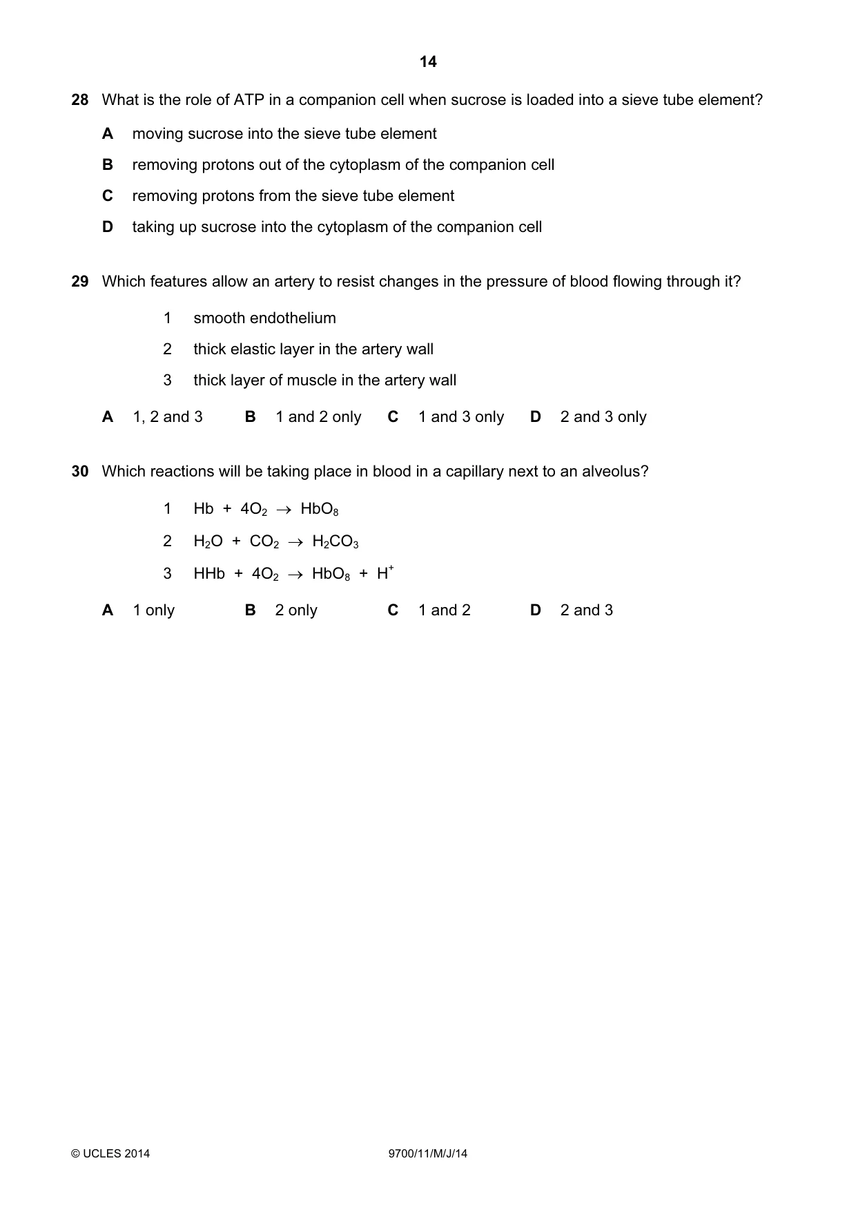 Cambridge A Level Biology 9700 2014 May/June Paper 1 · Variant 1 question paper, page 14 of 20