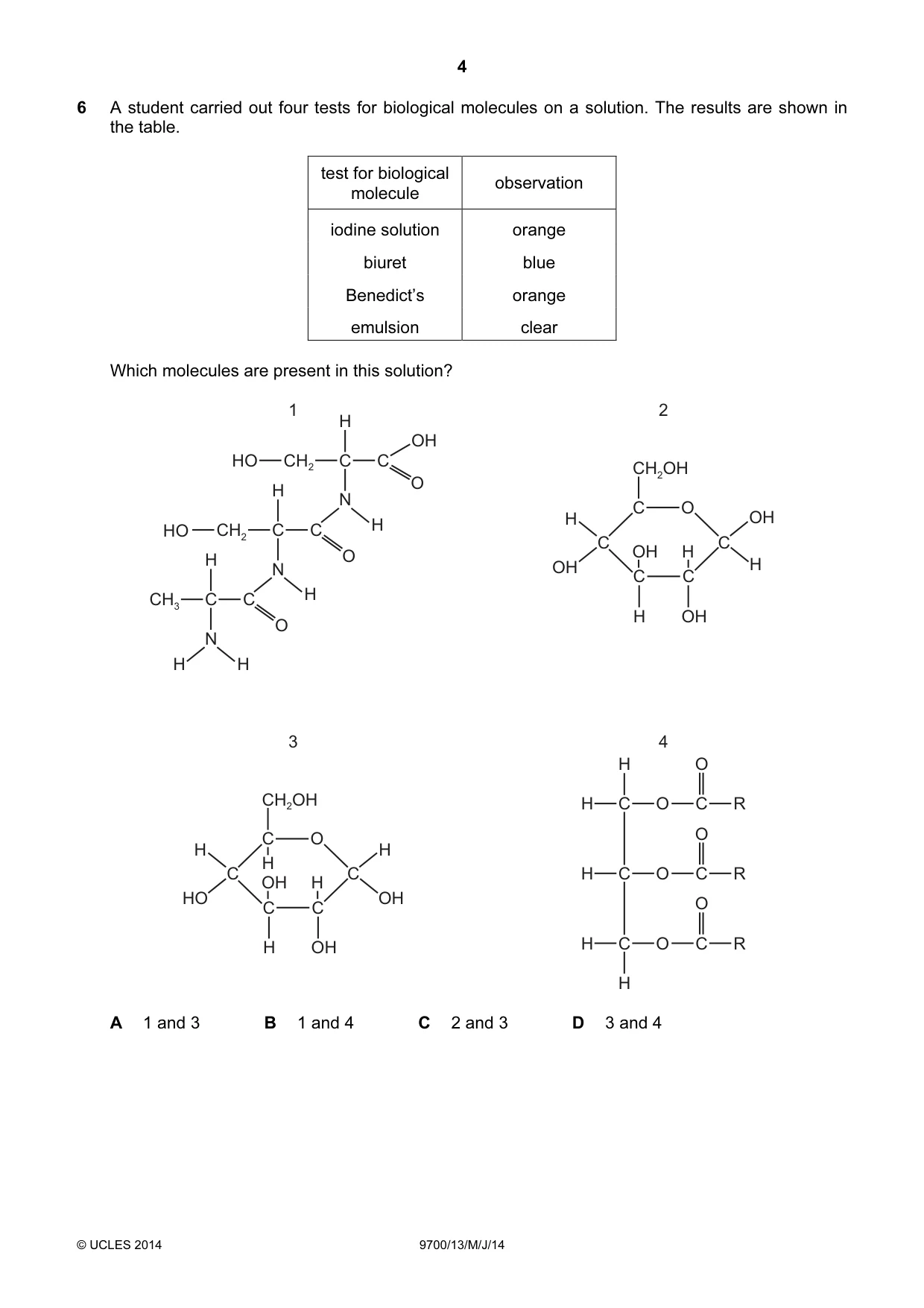 Cambridge A Level Biology 9700 2014 May/June Paper 1 · Variant 3 question paper, page 4 of 16