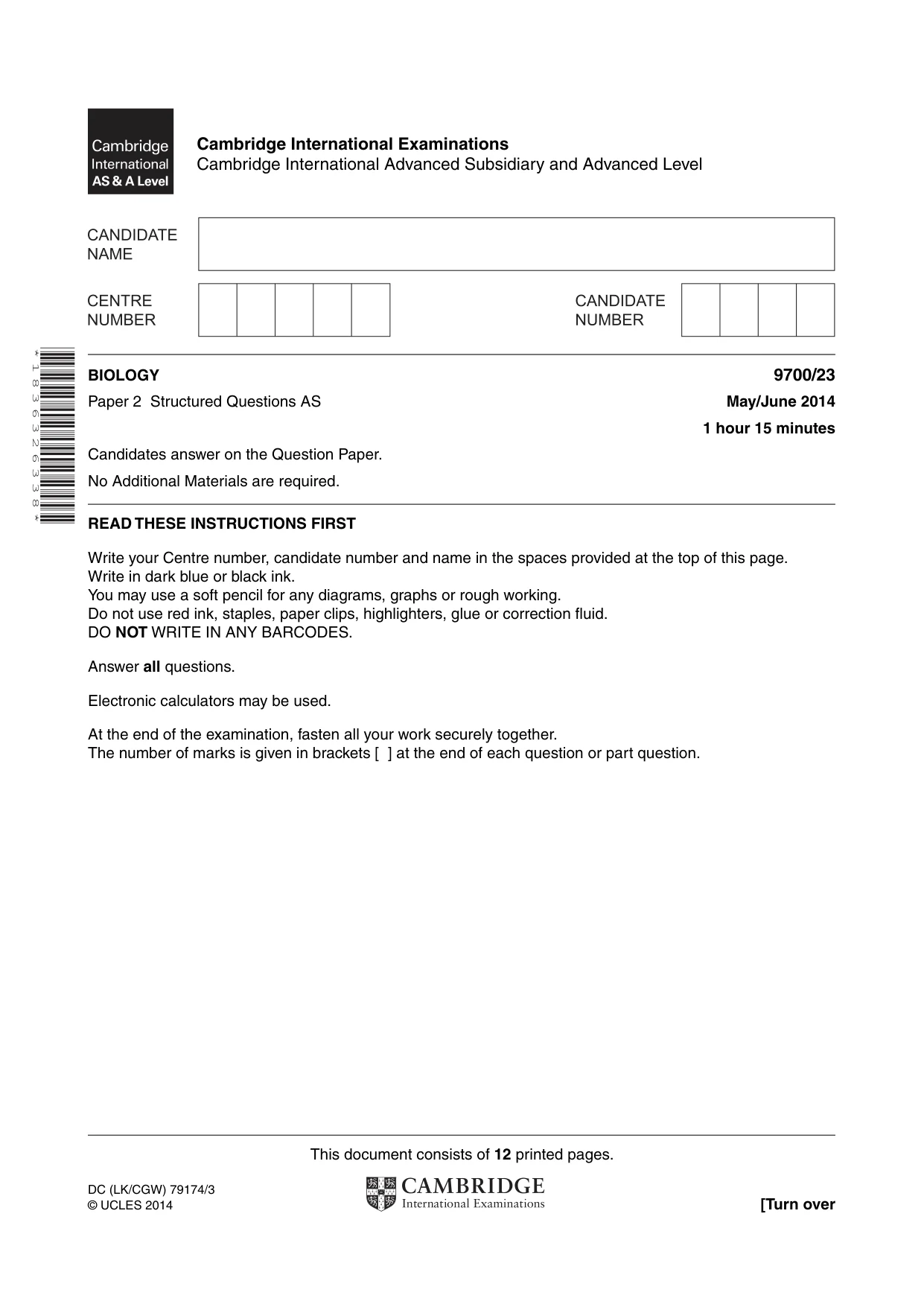 Cambridge A Level Biology 9700 2014 May/June Paper 2 · Variant 3 question paper, page 1 of 12