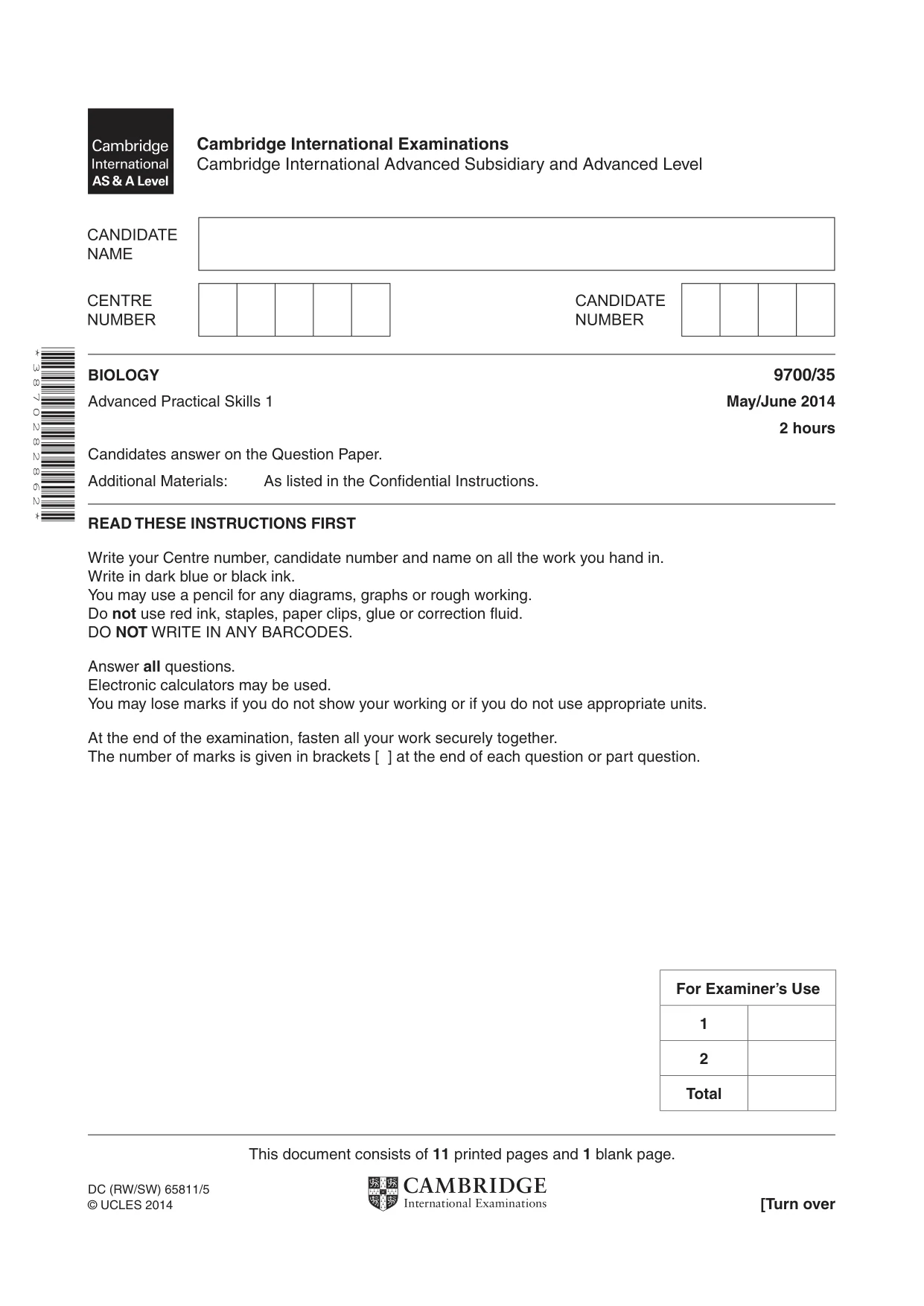 Cambridge A Level Biology 9700 2014 May/June Paper 3 · Variant 5 question paper, page 1 of 12