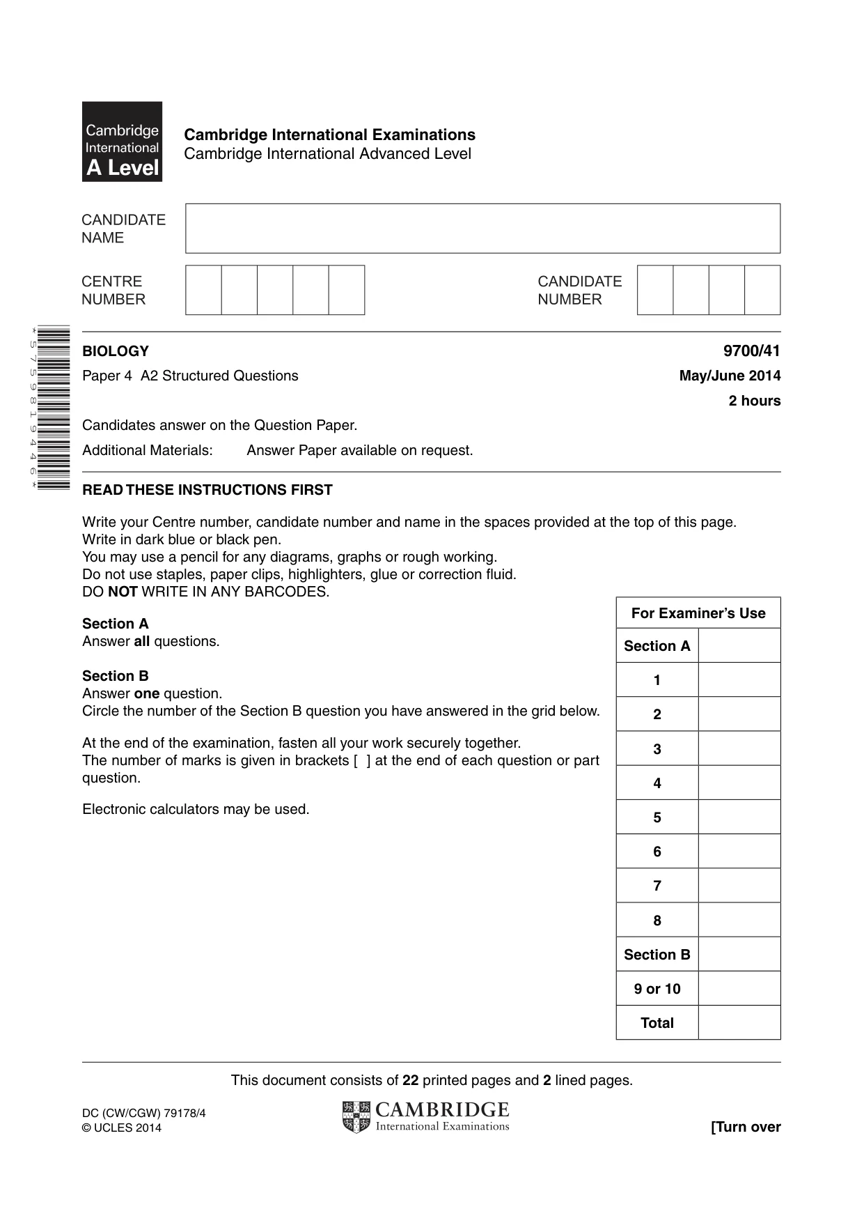 Cambridge A Level Biology 9700 2014 May/June Paper 4 · Variant 1 question paper, page 1 of 24