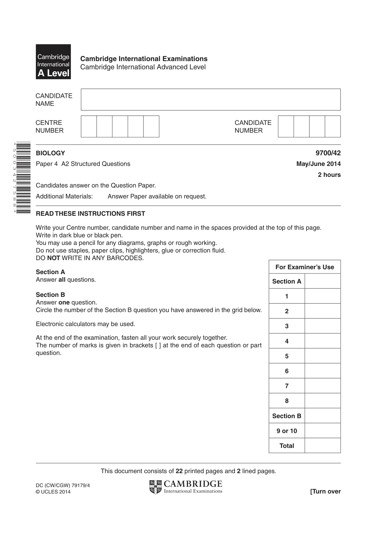 Cambridge A Level Biology 9700 2014 May/June Paper 4 · Variant 2 question paper, page 1 of 24