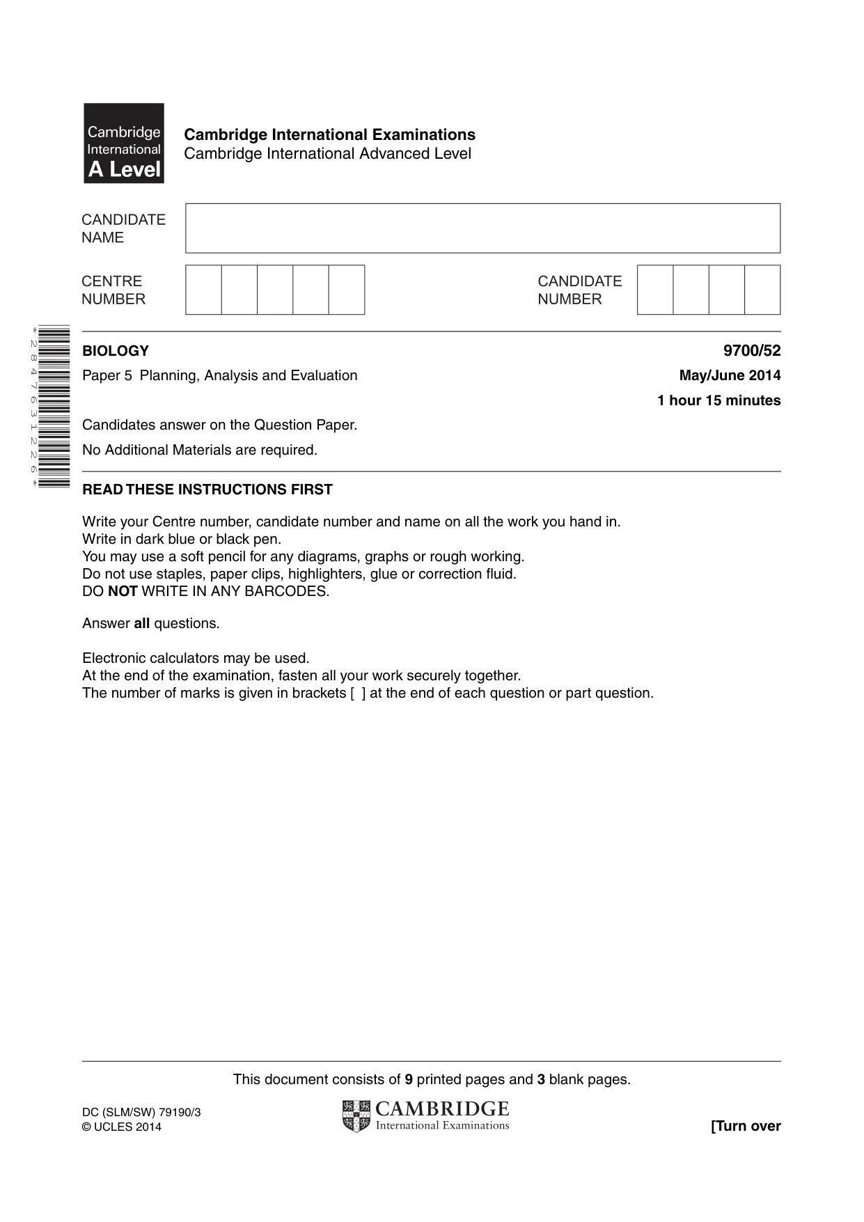 Cambridge A Level Biology 9700 2014 May/June Paper 5 · Variant 2 question paper, page 1 of 12