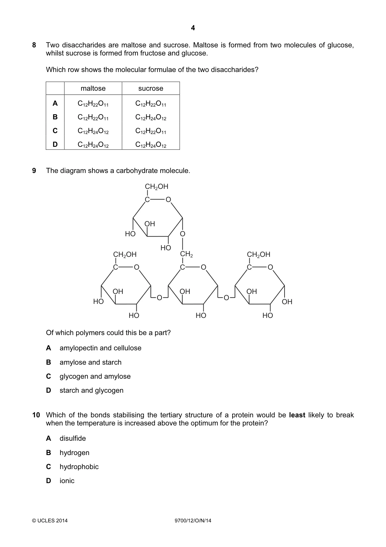 Cambridge A Level Biology 9700 2014 Oct/Nov Paper 1 · Variant 2 question paper, page 4 of 16