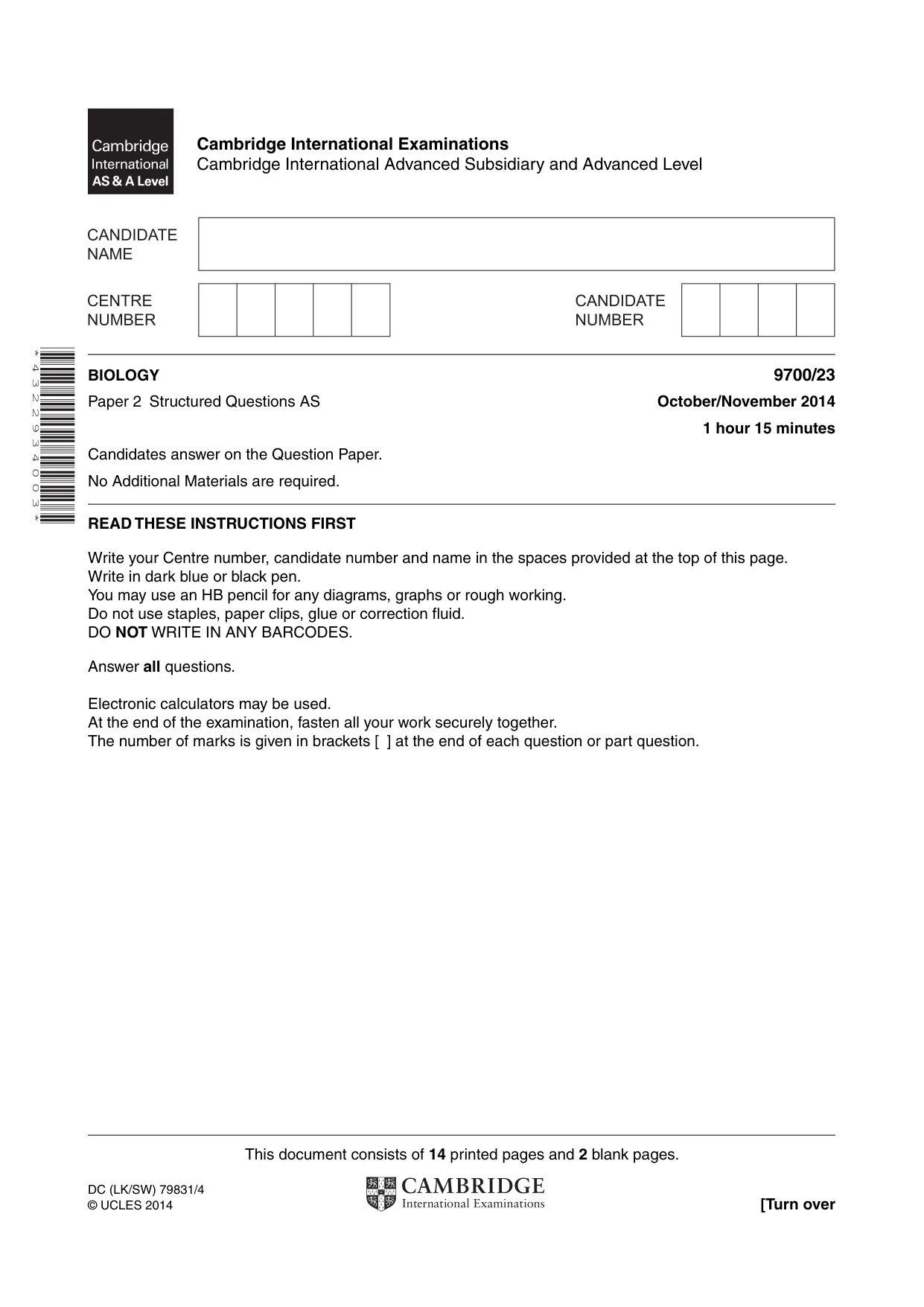 Cambridge A Level Biology 9700 2014 Oct/Nov Paper 2 · Variant 3 question paper, page 1 of 16