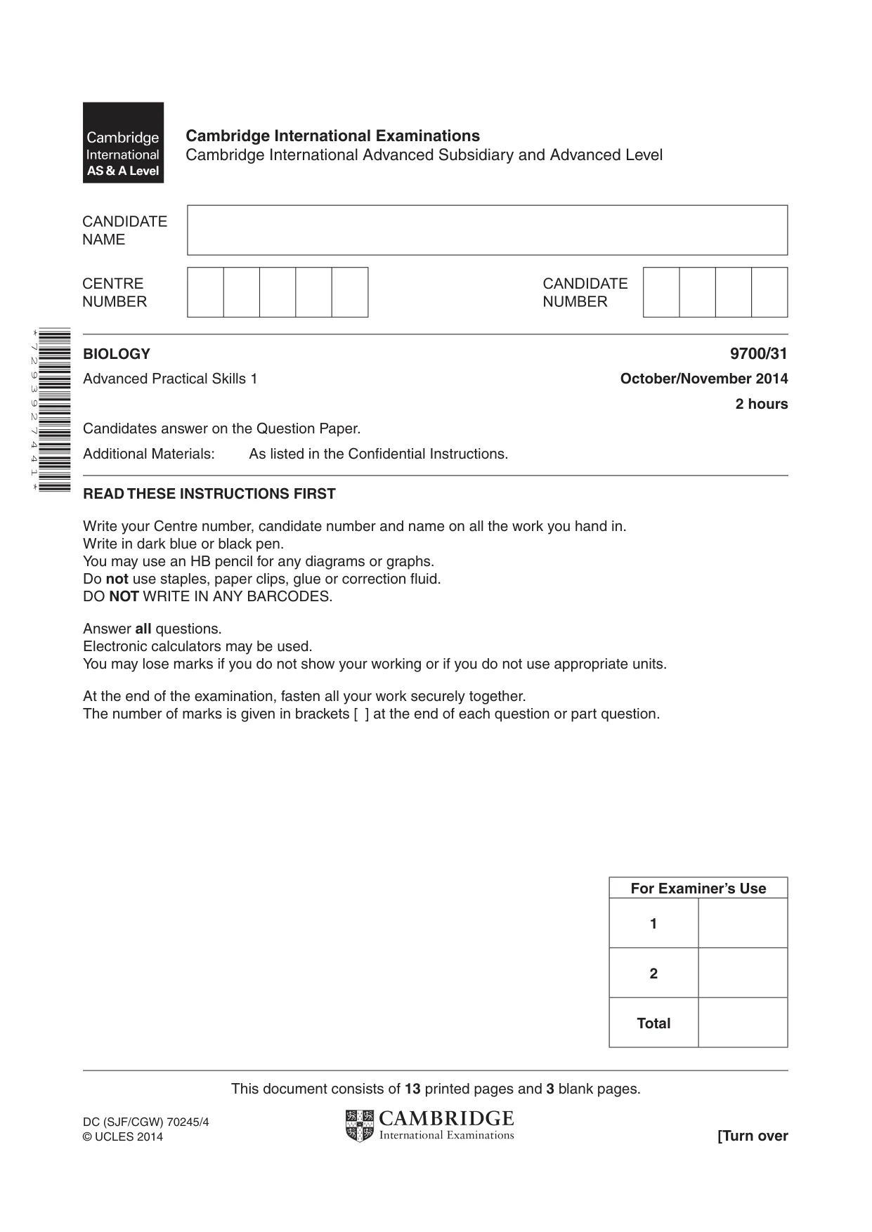 Cambridge A Level Biology 9700 2014 Oct/Nov Paper 3 · Variant 1 question paper, page 1 of 16