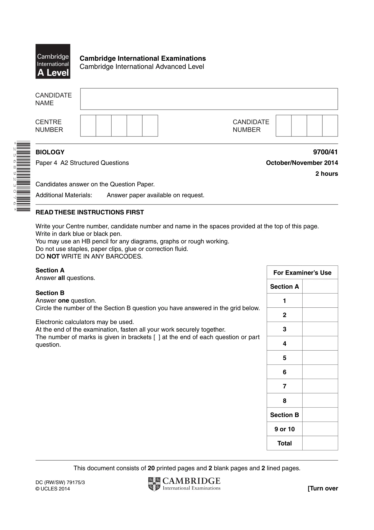 Cambridge A Level Biology 9700 2014 Oct/Nov Paper 4 · Variant 1 question paper, page 1 of 24