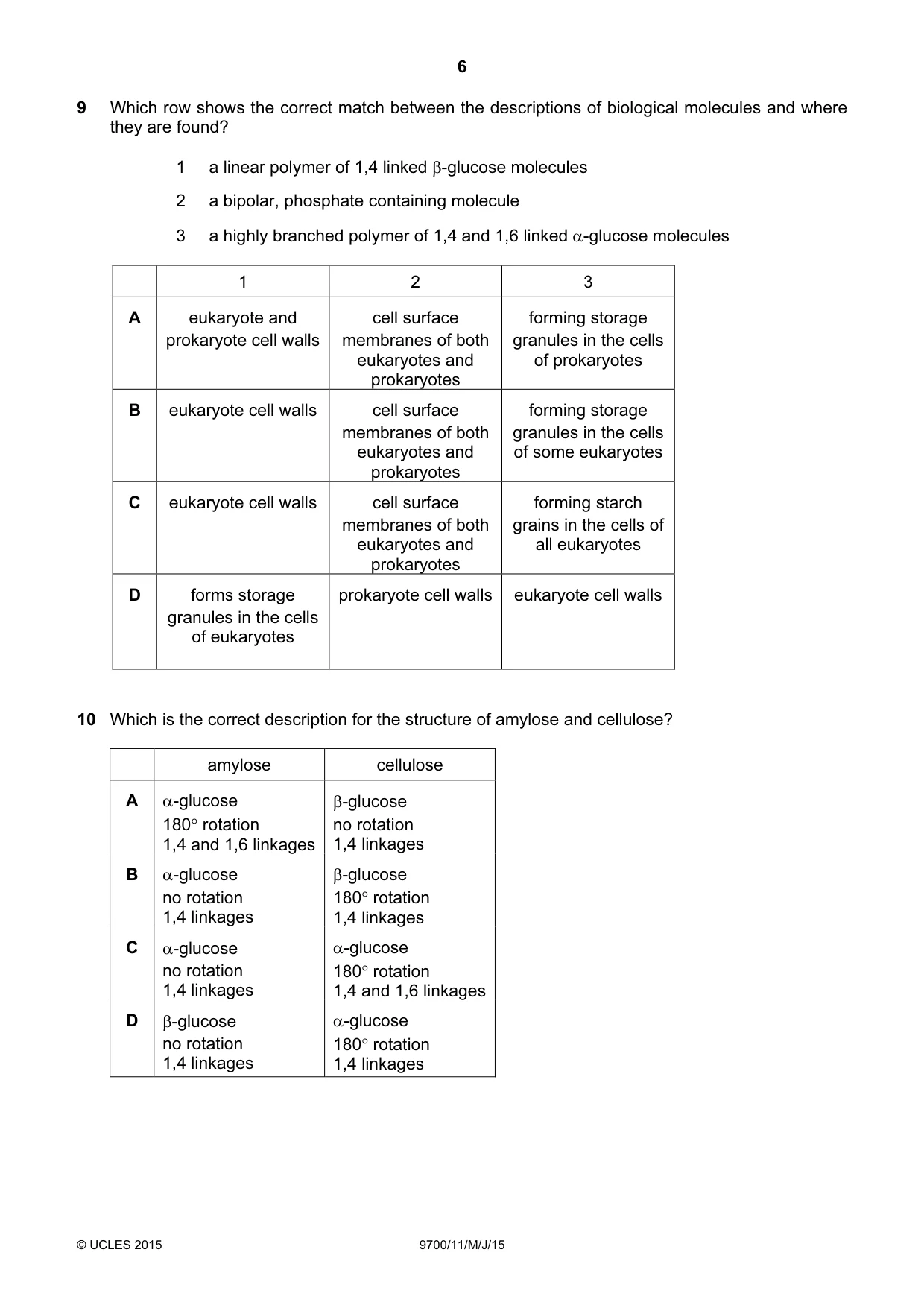 Cambridge A Level Biology 9700 2015 May/June Paper 1 · Variant 1 question paper, page 6 of 20