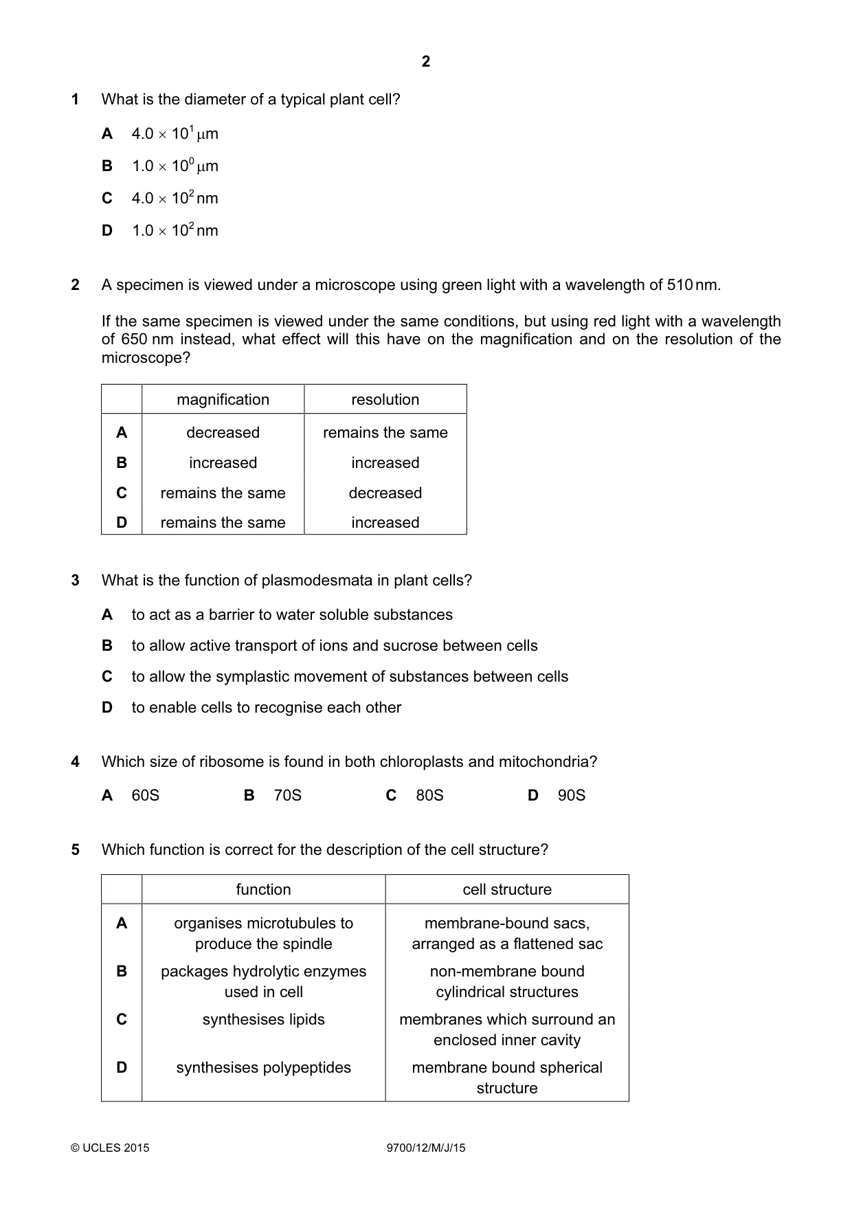 Cambridge A Level Biology 9700 2015 May/June Paper 1 · Variant 2 question paper, page 2 of 20