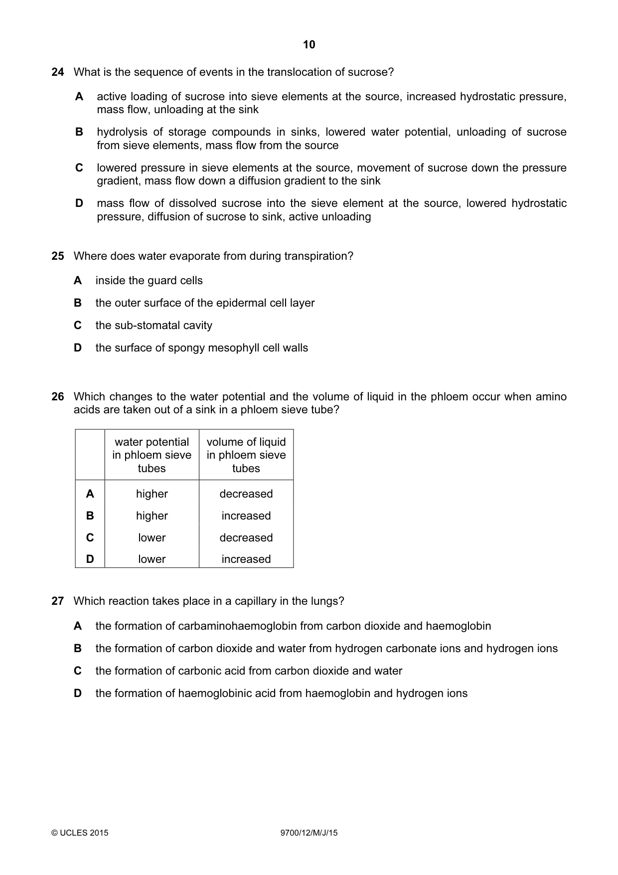 Cambridge A Level Biology 9700 2015 May/June Paper 1 · Variant 2 question paper, page 10 of 20