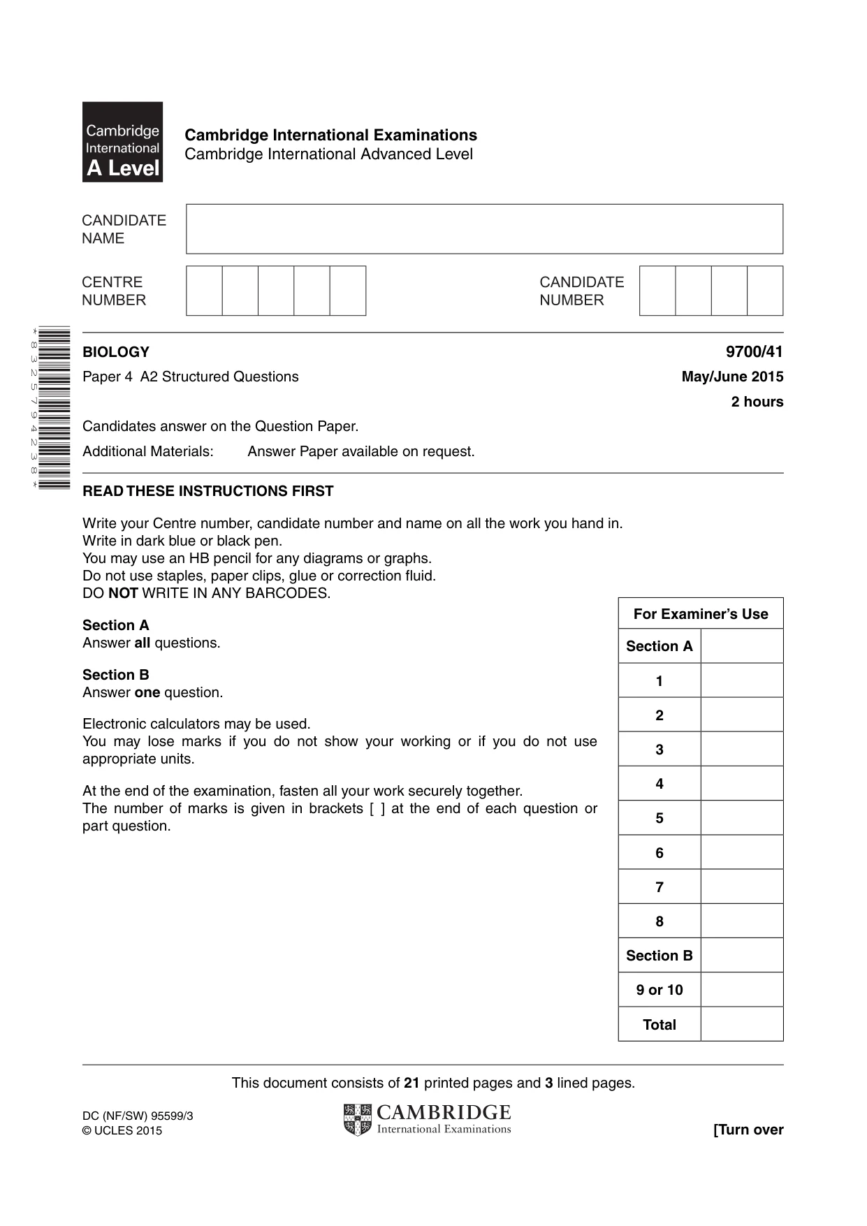 Cambridge A Level Biology 9700 2015 May/June Paper 4 · Variant 1 question paper, page 1 of 24