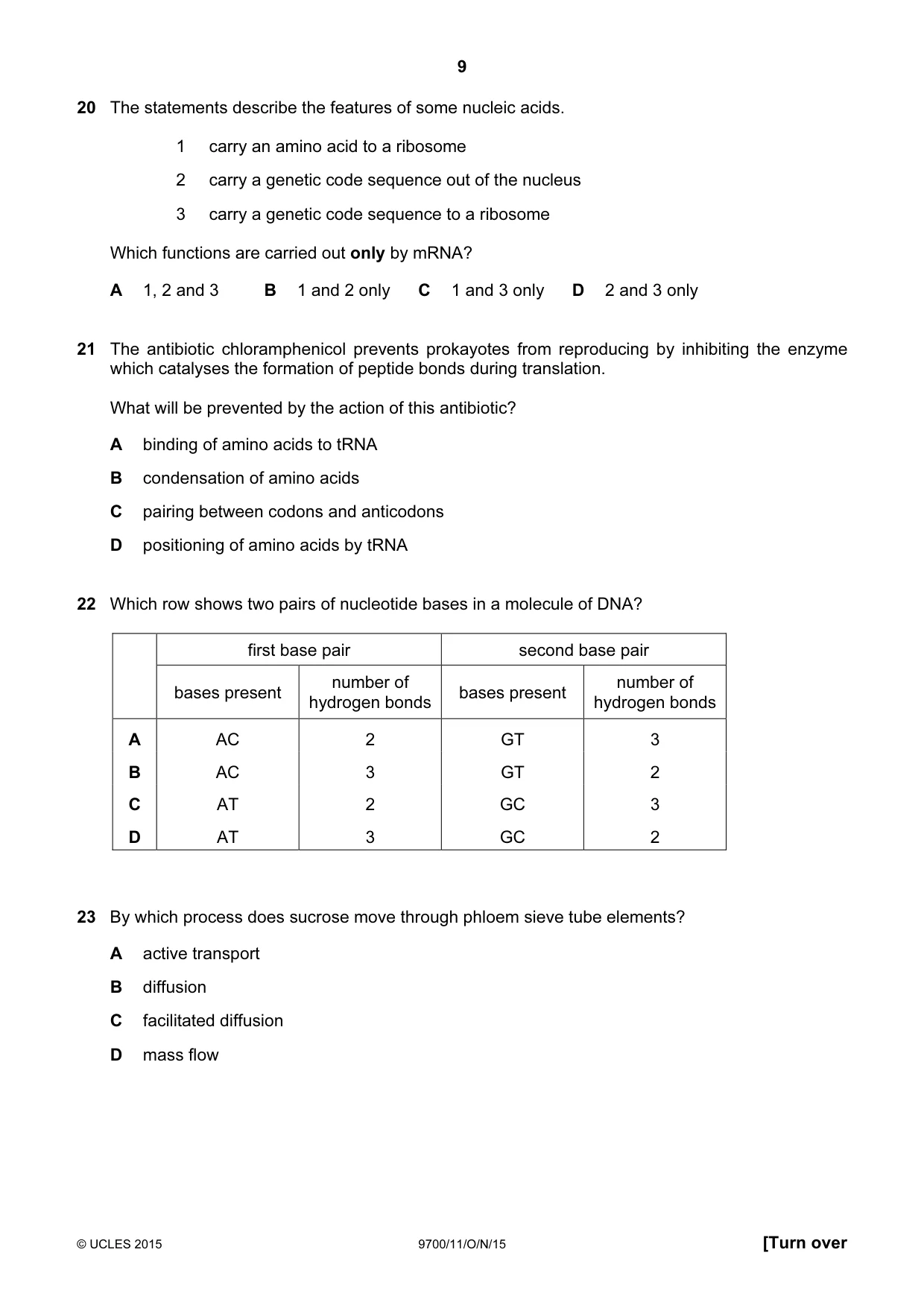 Cambridge A Level Biology 9700 2015 Oct/Nov Paper 1 · Variant 1 question paper, page 9 of 16