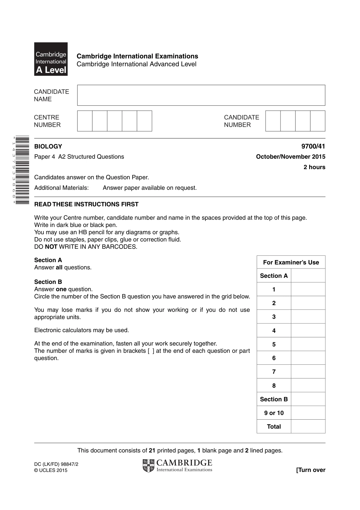 Cambridge A Level Biology 9700 2015 Oct/Nov Paper 4 · Variant 1 question paper, page 1 of 24