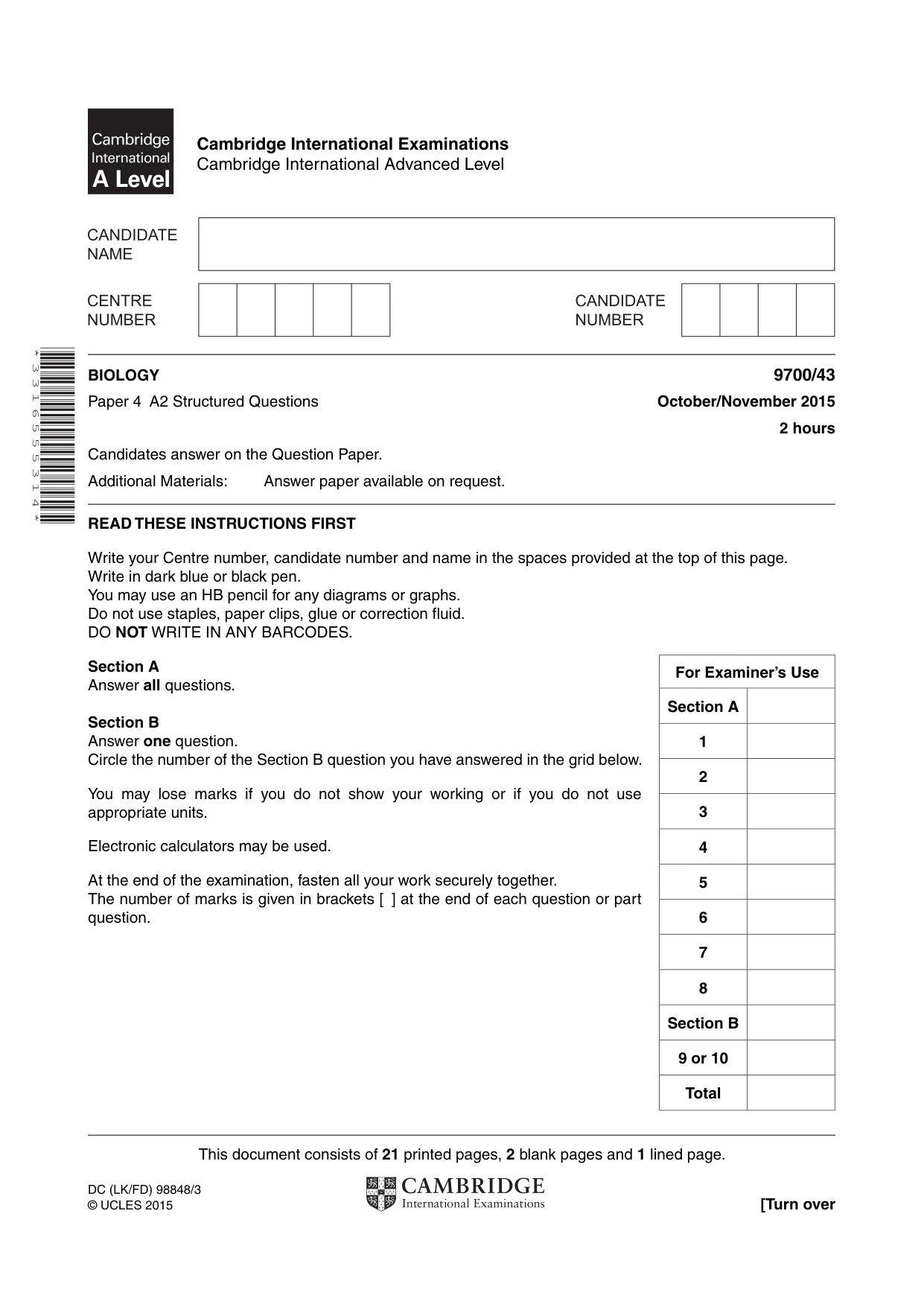 Cambridge A Level Biology 9700 2015 Oct/Nov Paper 4 · Variant 3 question paper, page 1 of 24