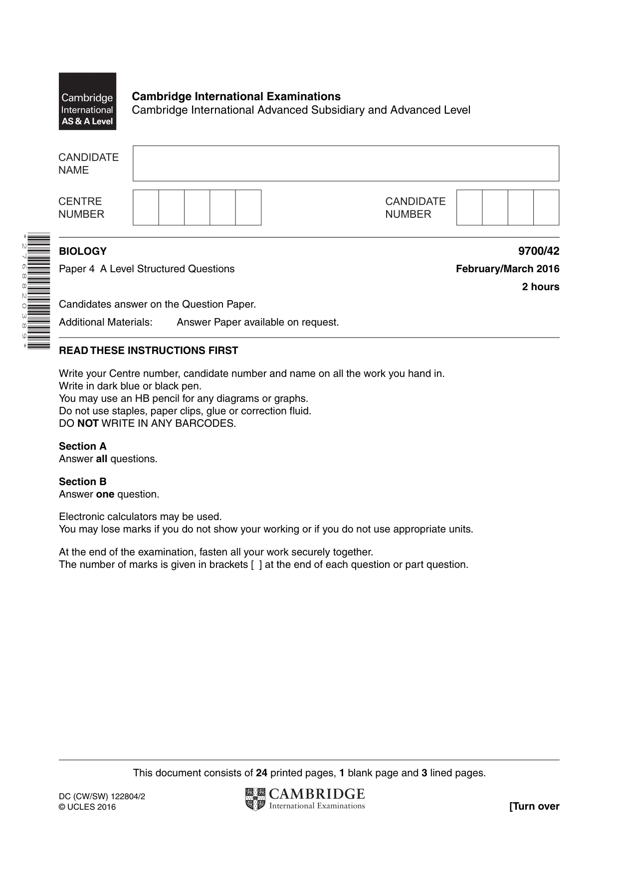 Cambridge A Level Biology 9700 2016 Feb/March Paper 4 · Variant 2 question paper, page 1 of 28