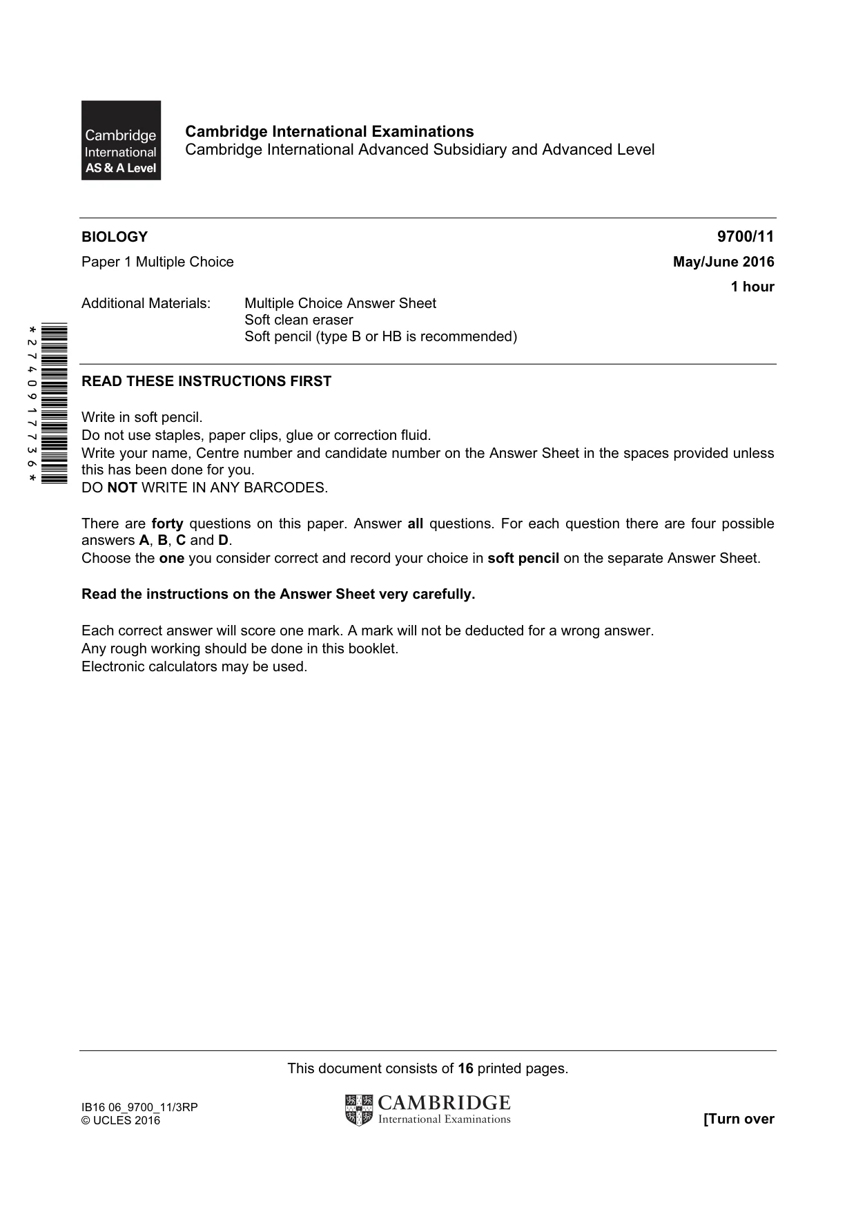 Cambridge A Level Biology 9700 2016 May/June Paper 1 · Variant 1 question paper, page 1 of 16