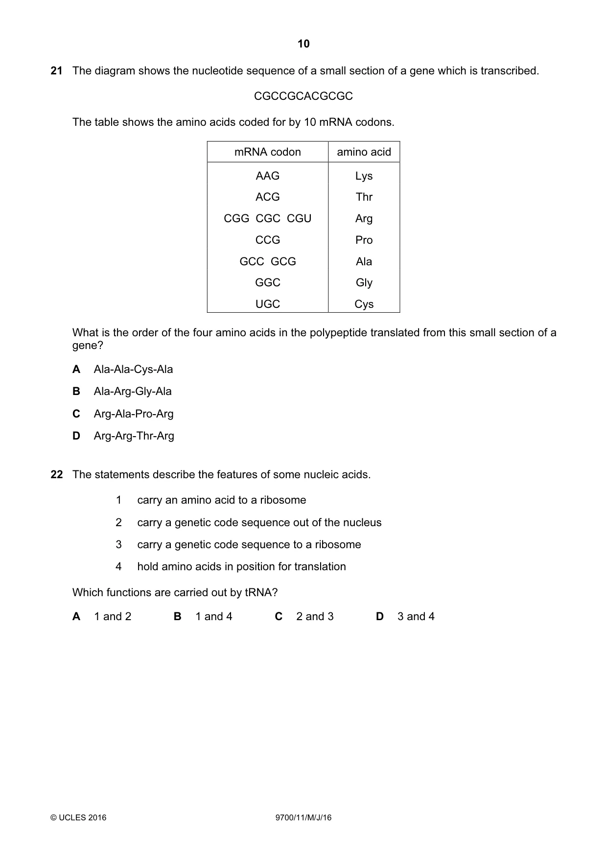 Cambridge A Level Biology 9700 2016 May/June Paper 1 · Variant 1 question paper, page 10 of 16