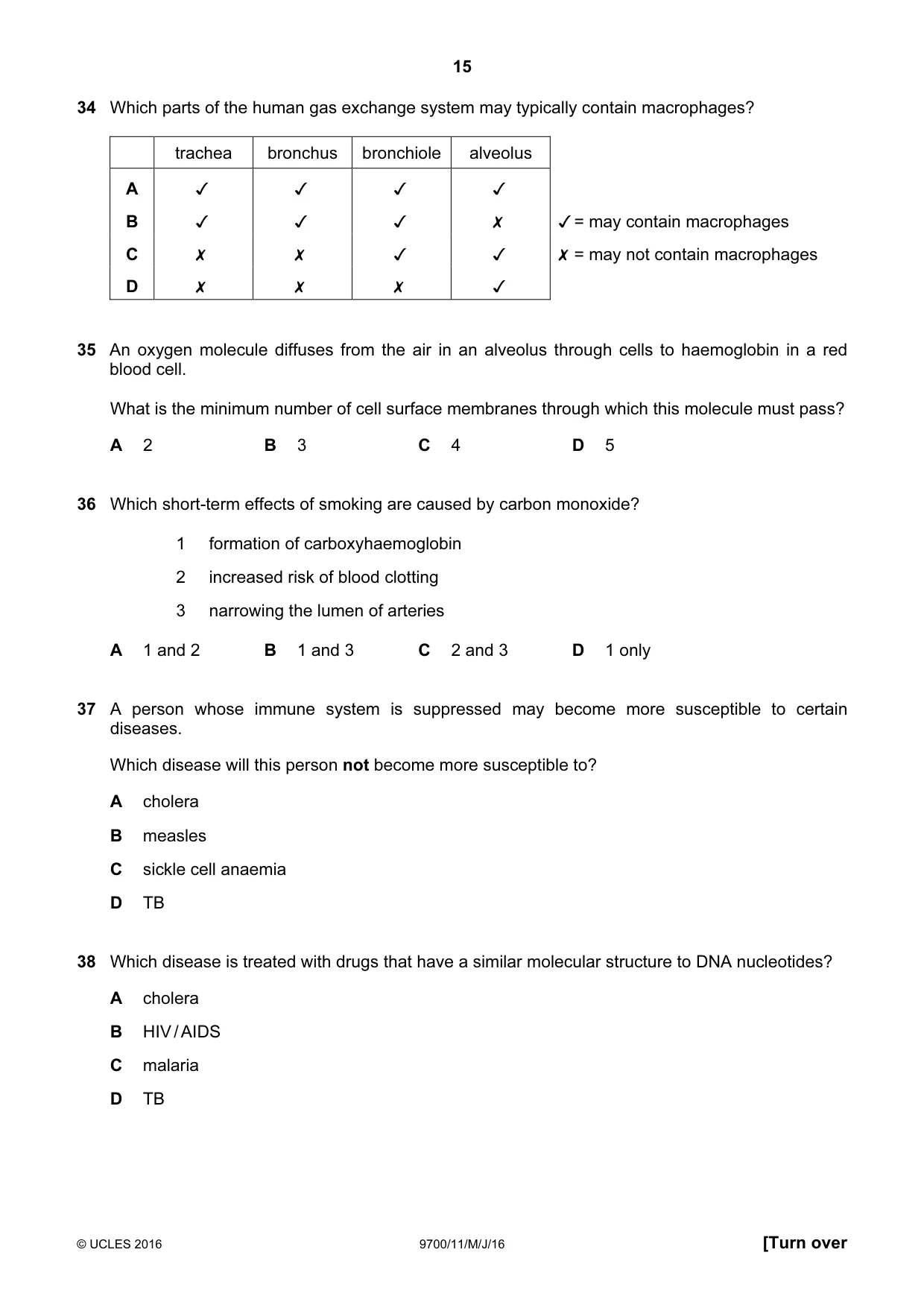 Cambridge A Level Biology 9700 2016 May/June Paper 1 · Variant 1 question paper, page 15 of 16