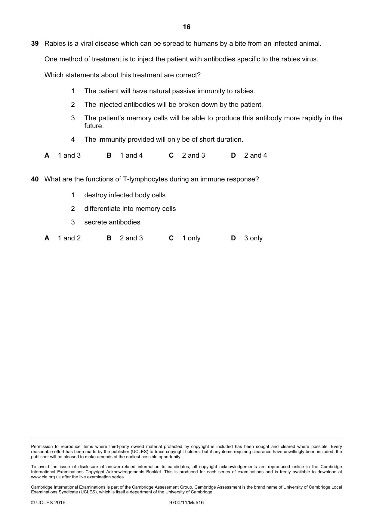 Cambridge A Level Biology 9700 2016 May/June Paper 1 · Variant 1 question paper, page 16 of 16