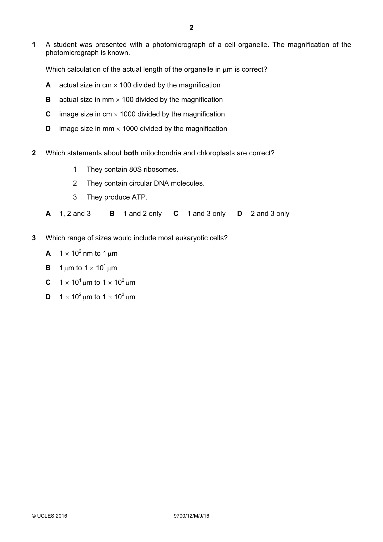 Cambridge A Level Biology 9700 2016 May/June Paper 1 · Variant 2 question paper, page 2 of 16