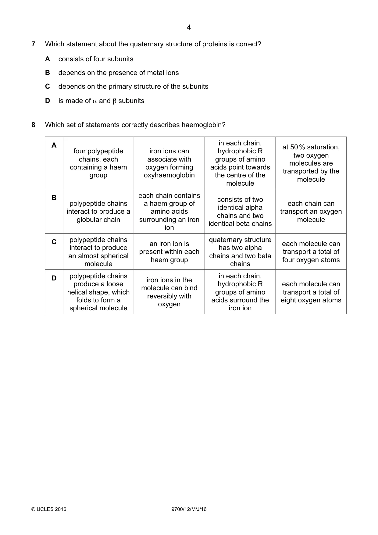 Cambridge A Level Biology 9700 2016 May/June Paper 1 · Variant 2 question paper, page 4 of 16
