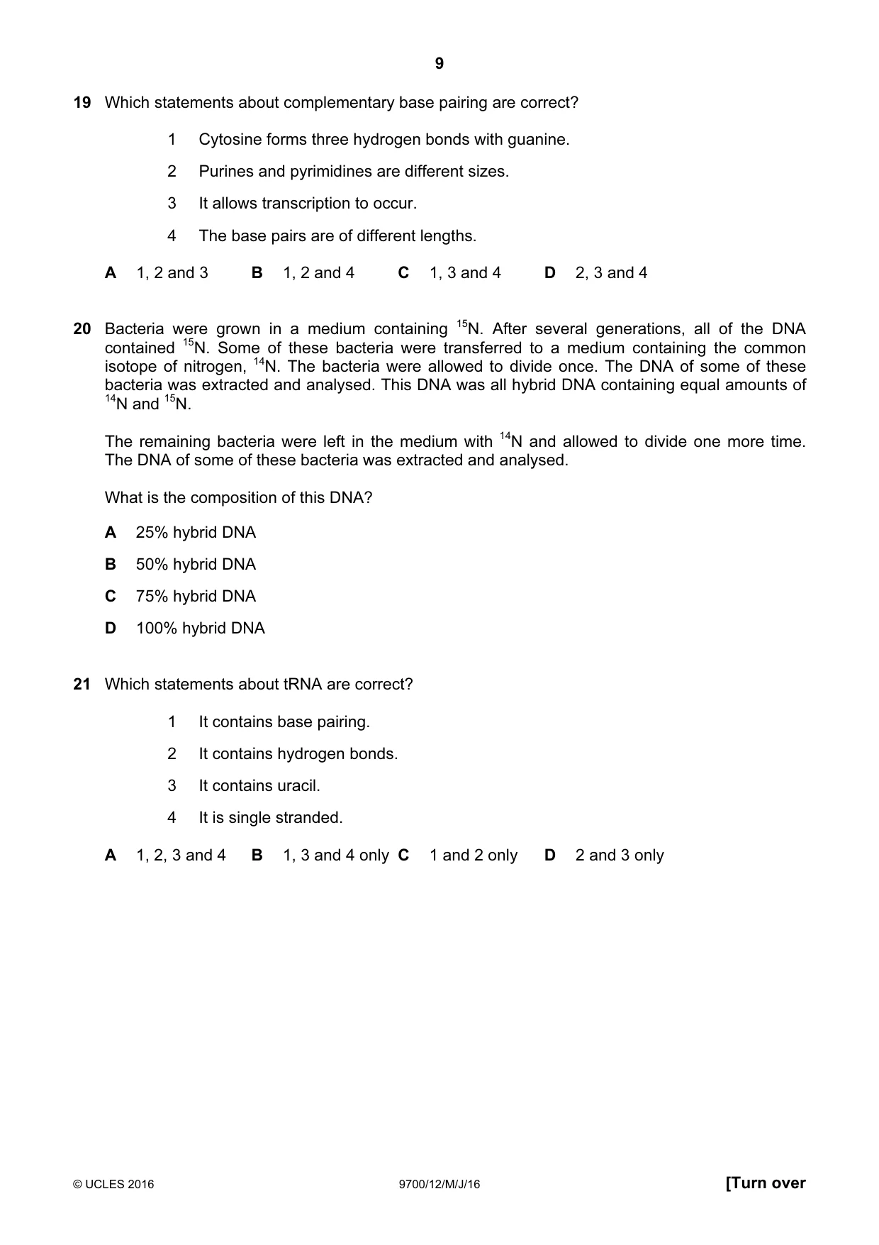 Cambridge A Level Biology 9700 2016 May/June Paper 1 · Variant 2 question paper, page 9 of 16