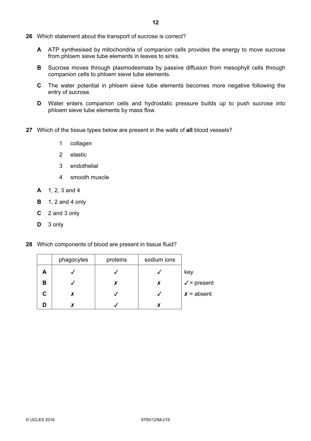Cambridge A Level Biology 9700 2016 May/June Paper 1 · Variant 2 question paper, page 12 of 16
