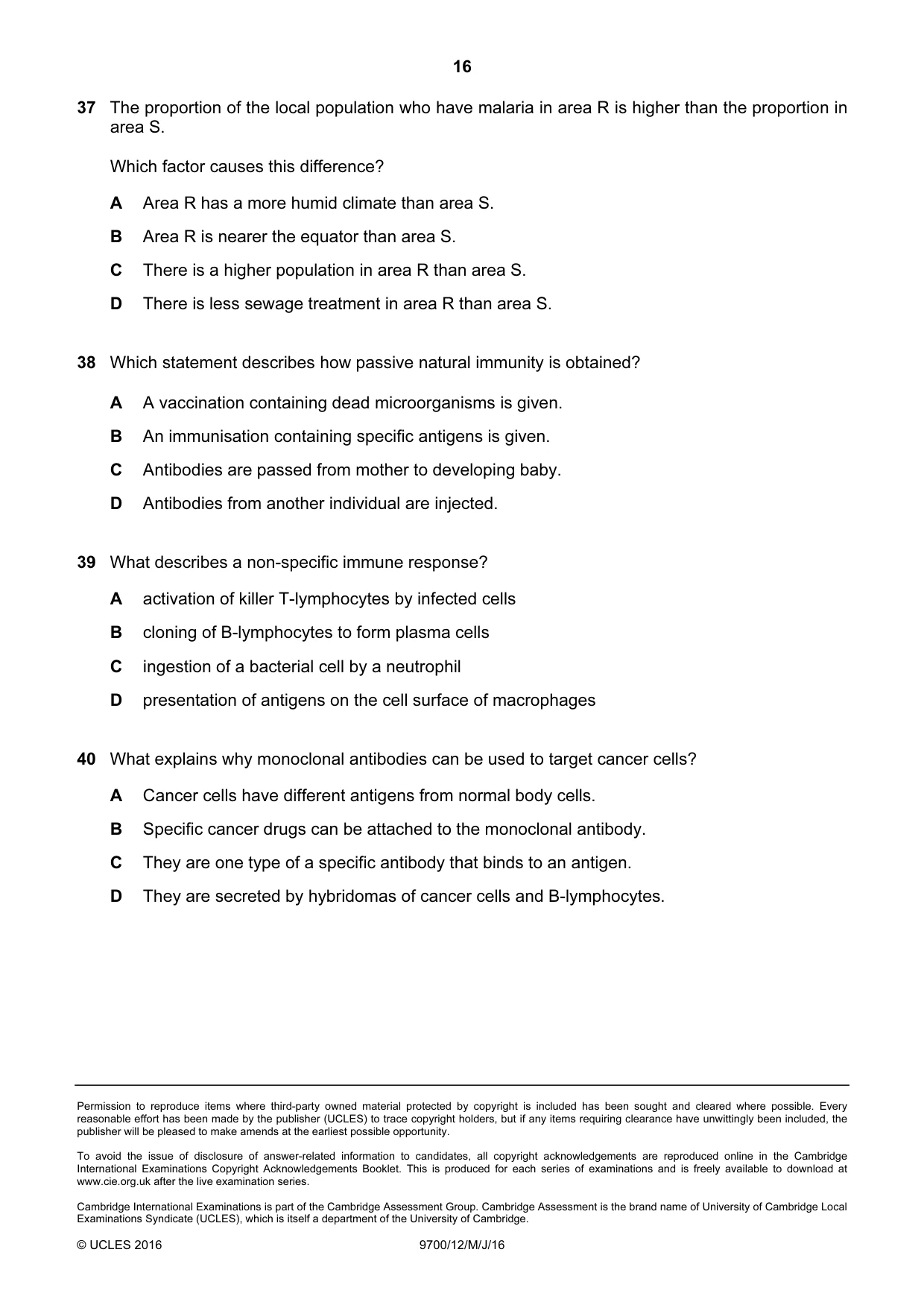 Cambridge A Level Biology 9700 2016 May/June Paper 1 · Variant 2 question paper, page 16 of 16