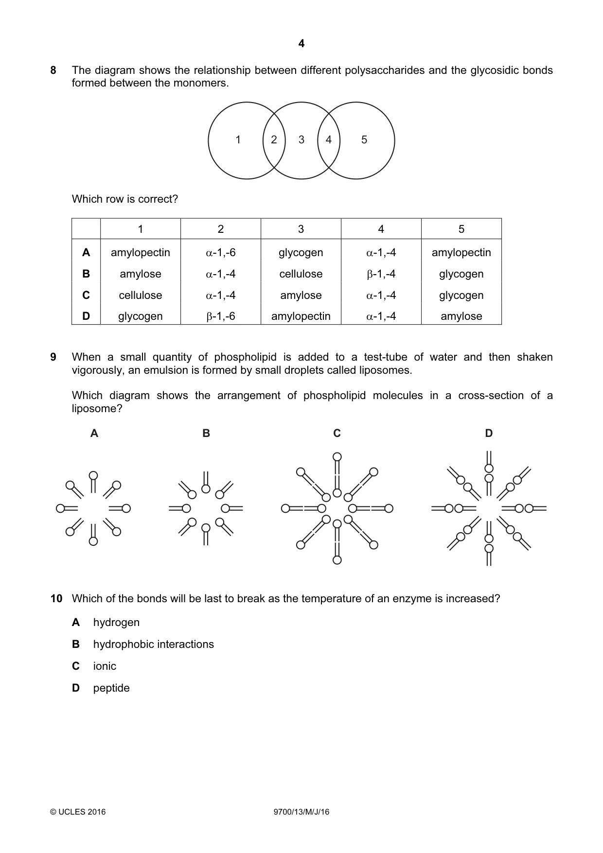 Cambridge A Level Biology 9700 2016 May/June Paper 1 · Variant 3 question paper, page 4 of 16