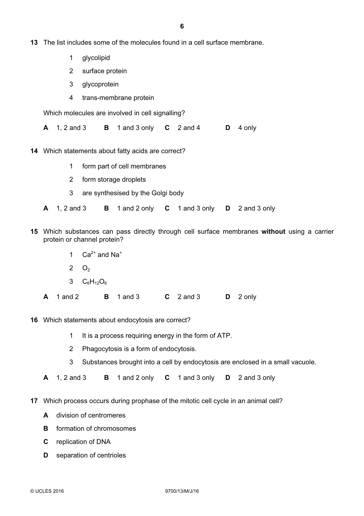 Cambridge A Level Biology 9700 2016 May/June Paper 1 · Variant 3 question paper, page 6 of 16