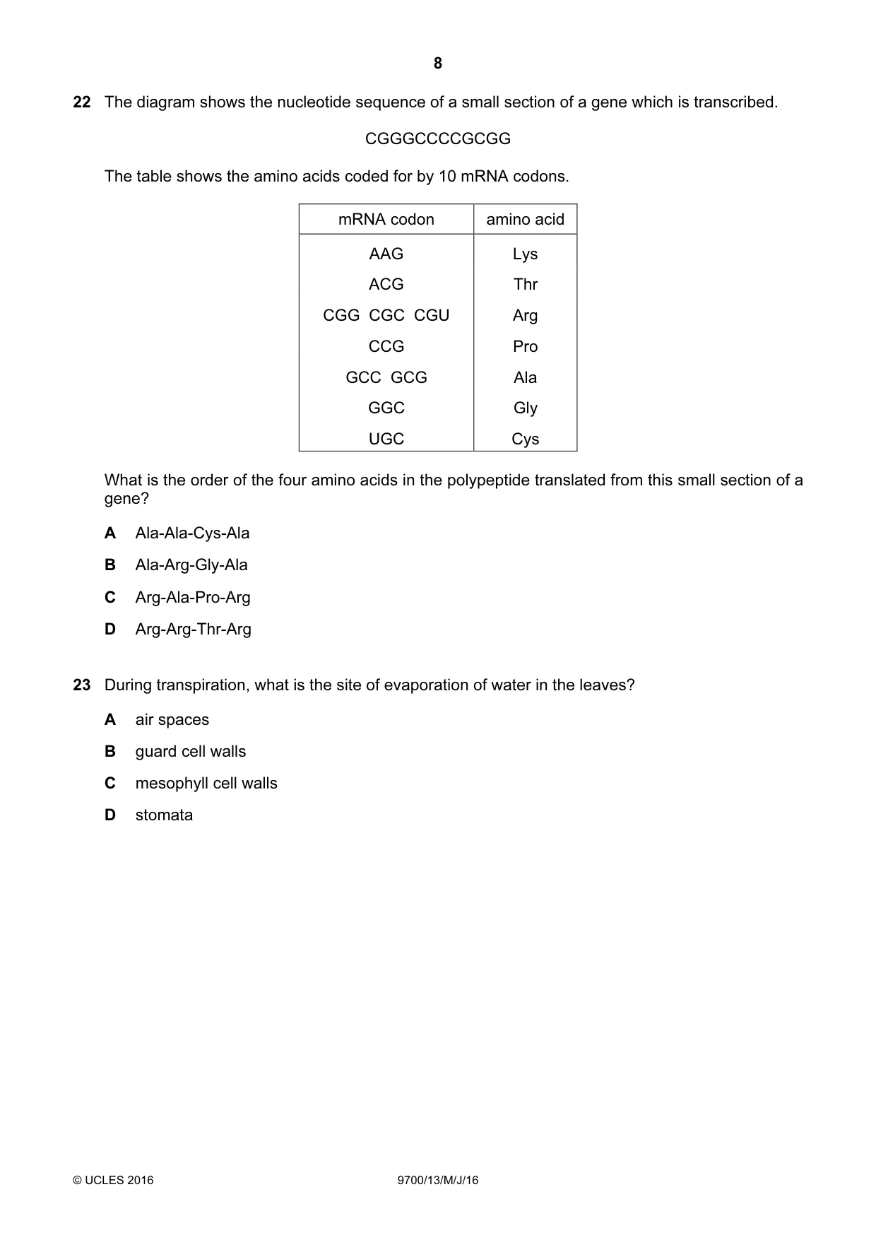 Cambridge A Level Biology 9700 2016 May/June Paper 1 · Variant 3 question paper, page 8 of 16