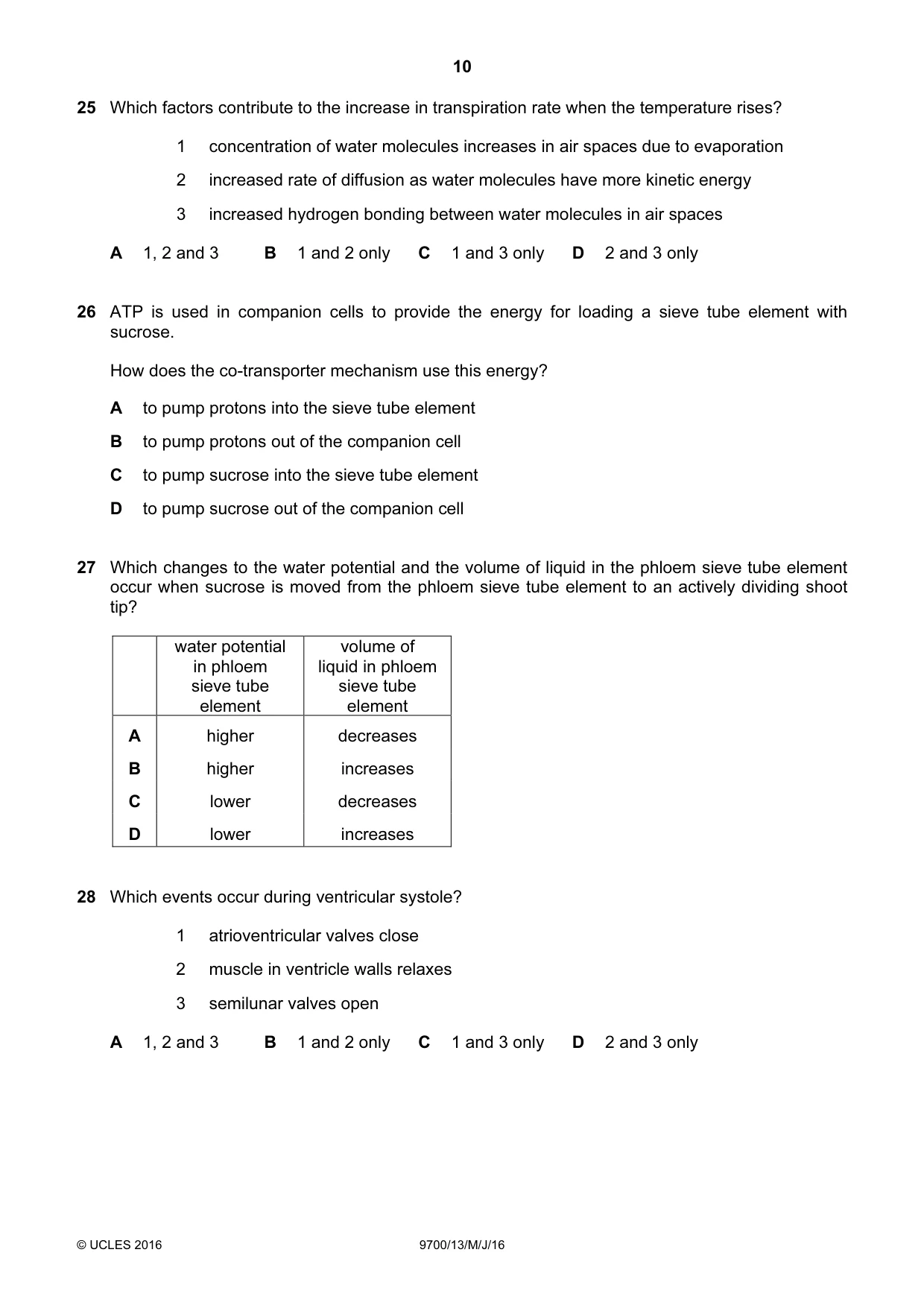 Cambridge A Level Biology 9700 2016 May/June Paper 1 · Variant 3 question paper, page 10 of 16