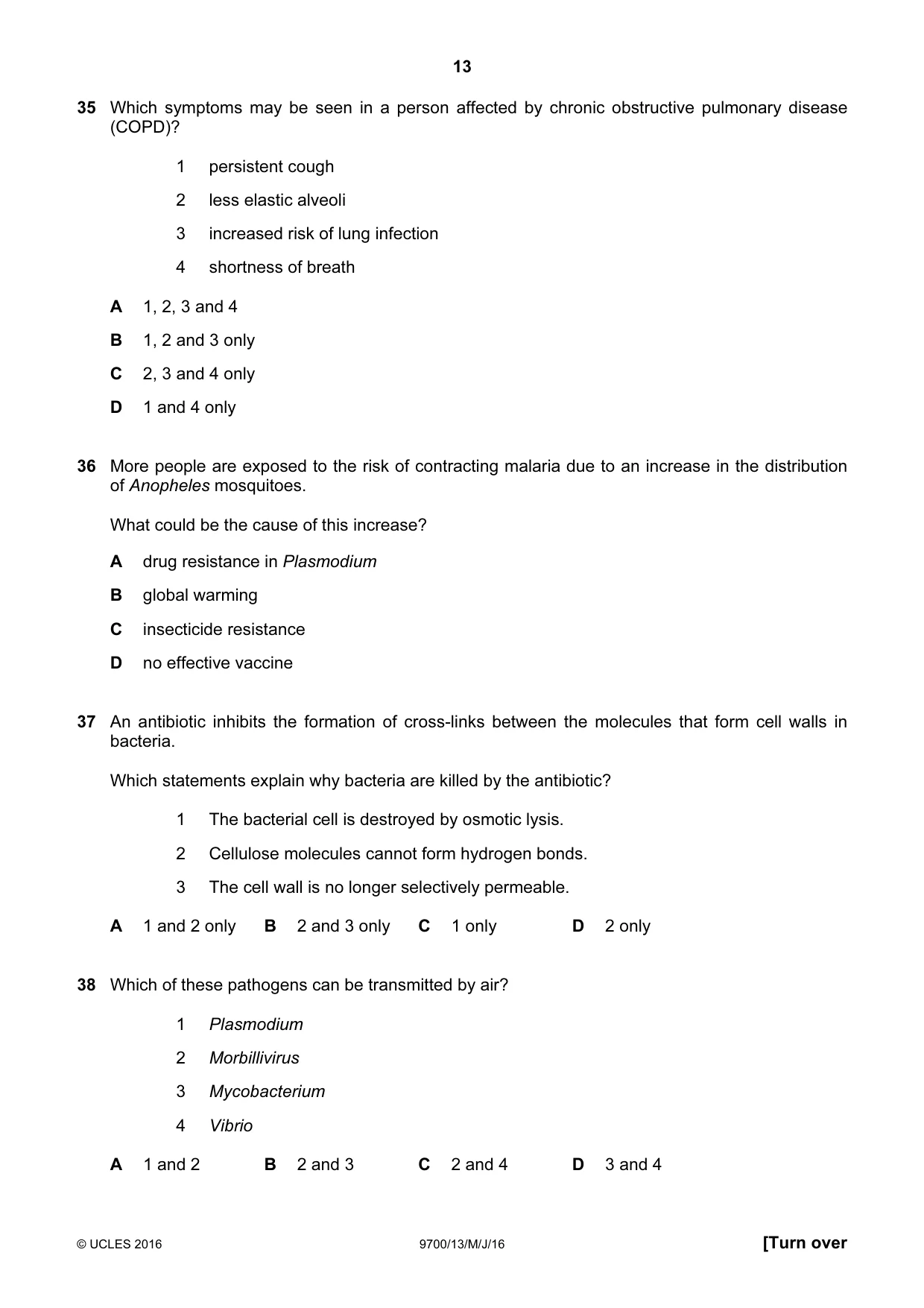 Cambridge A Level Biology 9700 2016 May/June Paper 1 · Variant 3 question paper, page 13 of 16