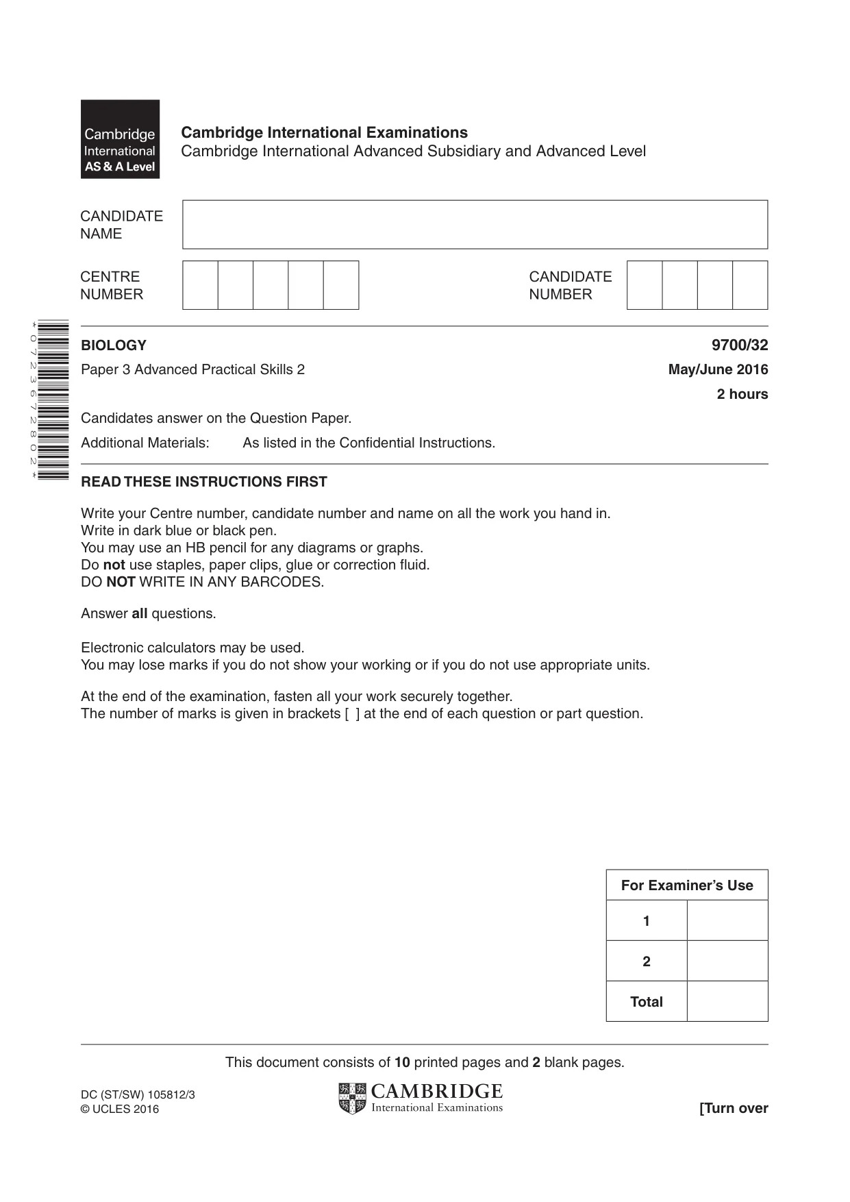 Cambridge A Level Biology 9700 2016 May/June Paper 3 · Variant 2 question paper, page 1 of 12
