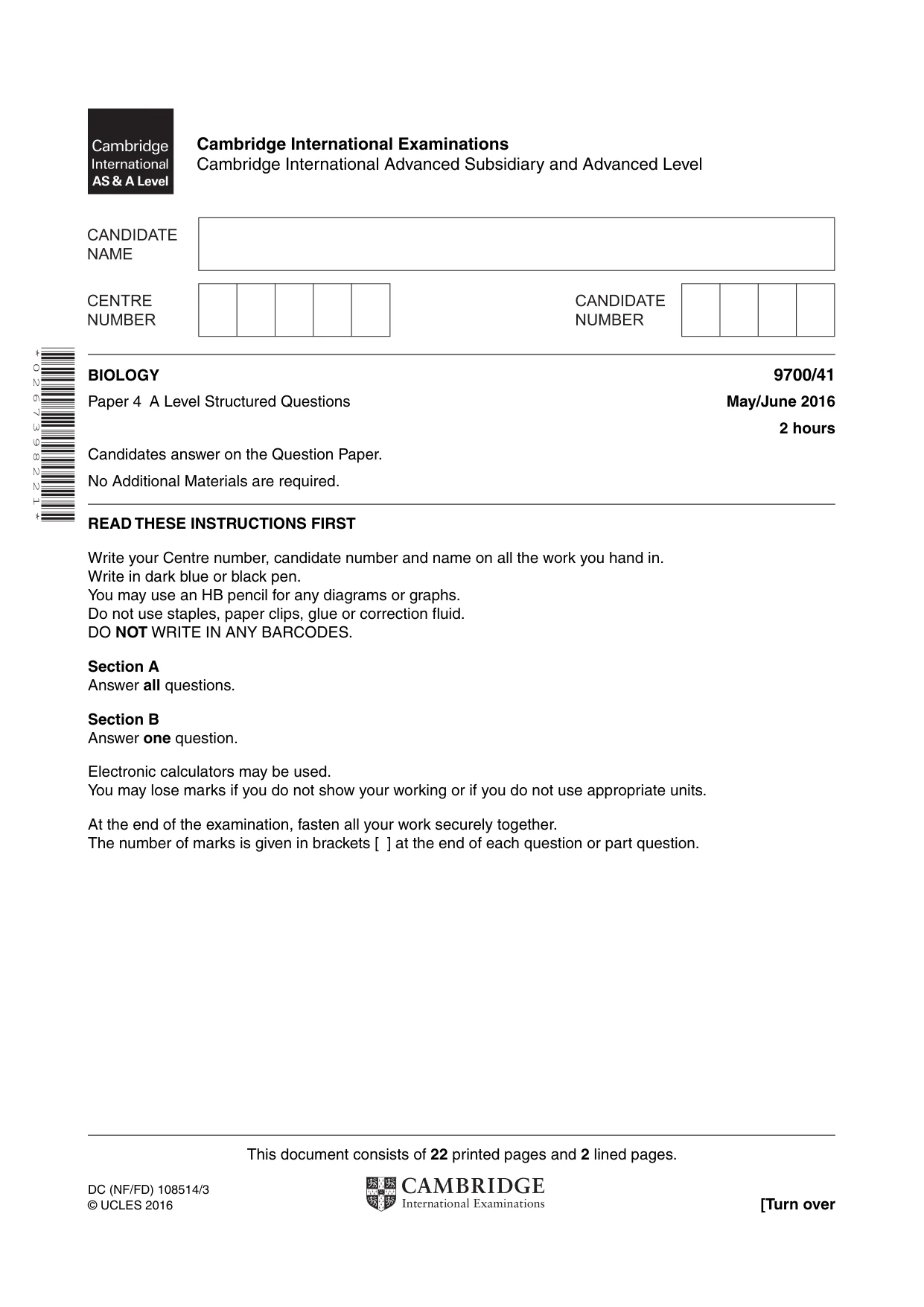Cambridge A Level Biology 9700 2016 May/June Paper 4 · Variant 1 question paper, page 1 of 24