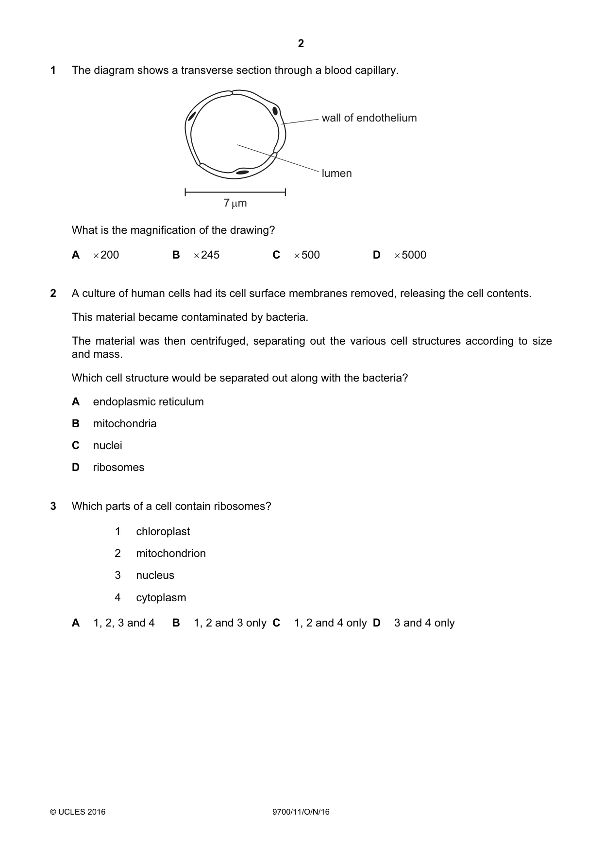 Cambridge A Level Biology 9700 2016 Oct/Nov Paper 1 · Variant 1 question paper, page 2 of 16