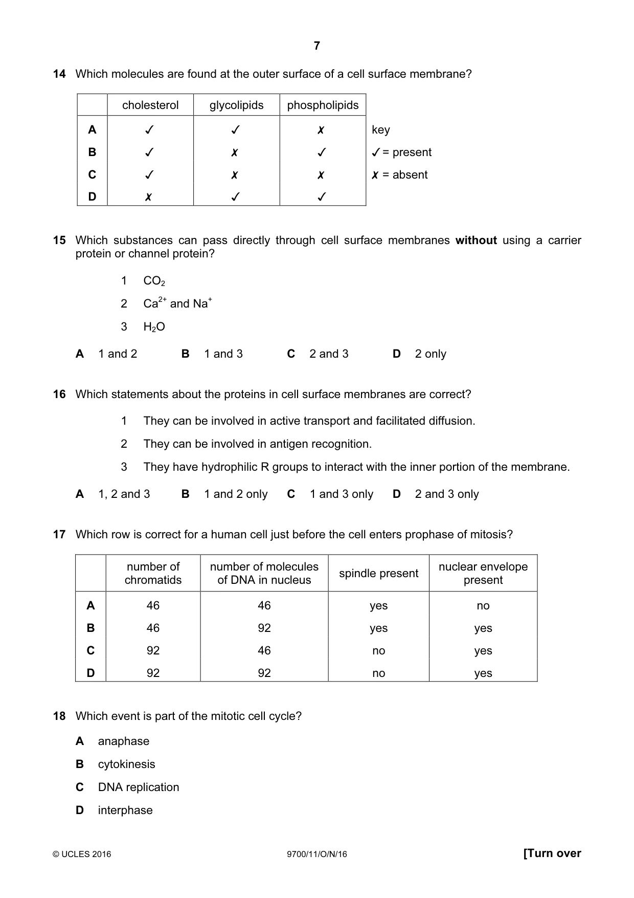 Cambridge A Level Biology 9700 2016 Oct/Nov Paper 1 · Variant 1 question paper, page 7 of 16