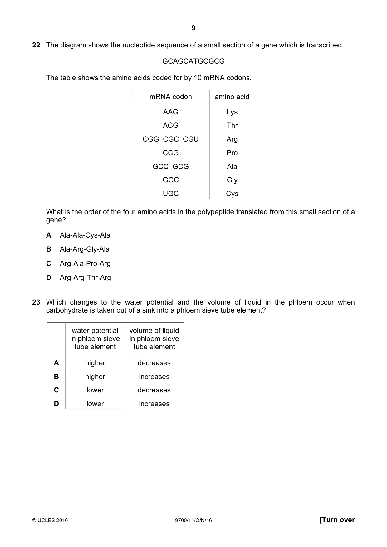 Cambridge A Level Biology 9700 2016 Oct/Nov Paper 1 · Variant 1 question paper, page 9 of 16