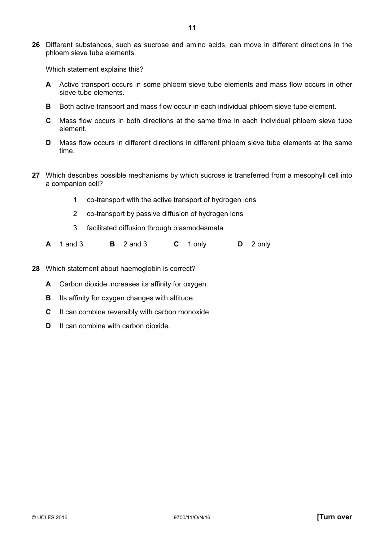 Cambridge A Level Biology 9700 2016 Oct/Nov Paper 1 · Variant 1 question paper, page 11 of 16