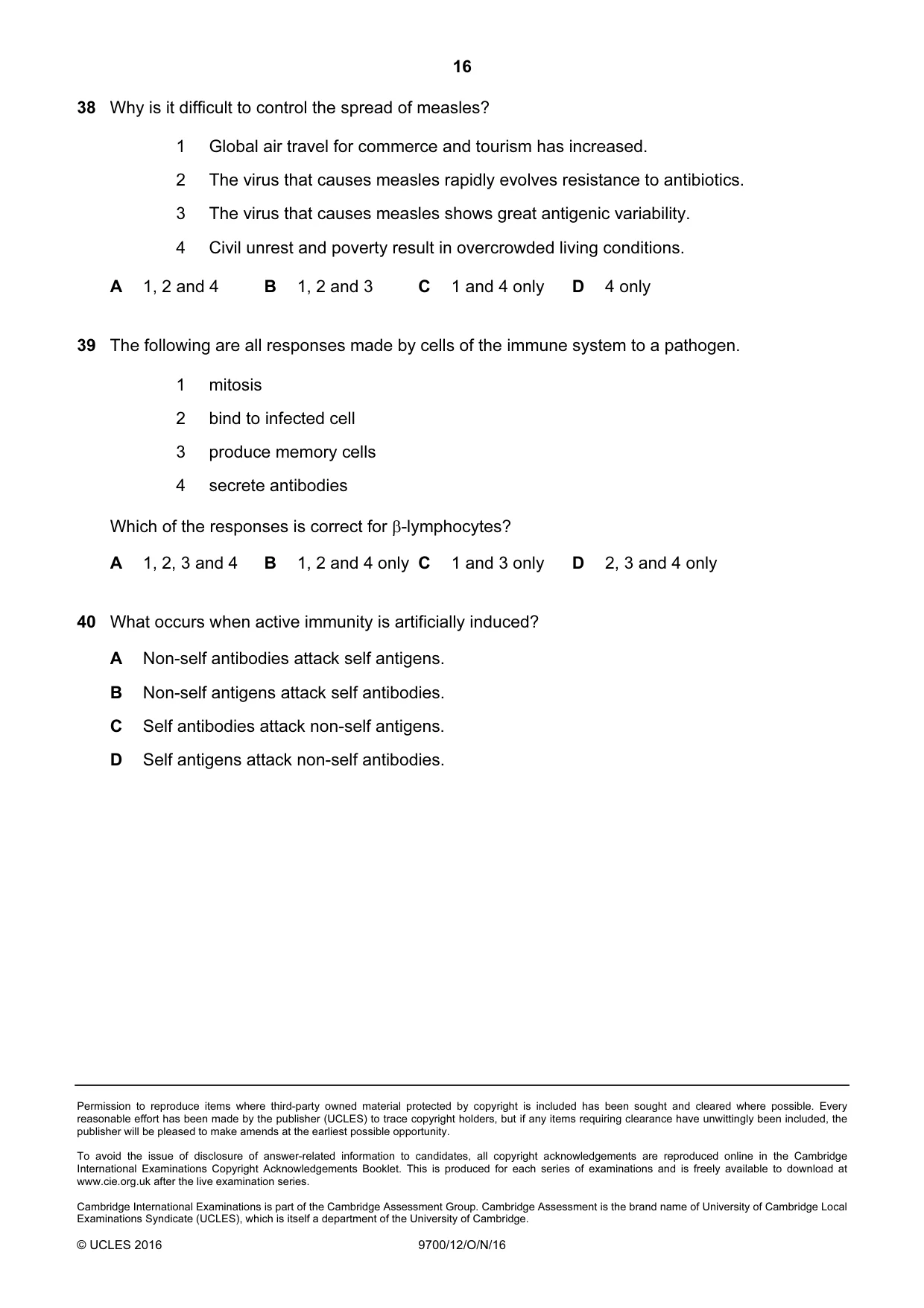 Cambridge A Level Biology 9700 2016 Oct/Nov Paper 1 · Variant 2 question paper, page 16 of 16