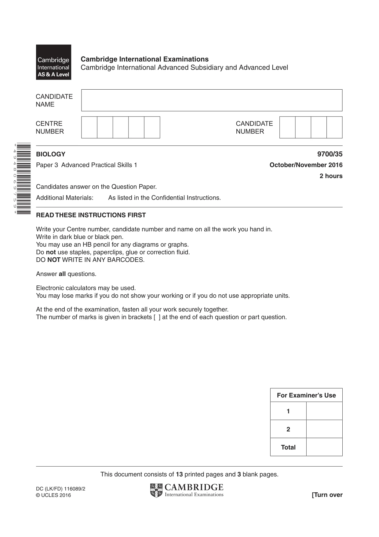 Cambridge A Level Biology 9700 2016 Oct/Nov Paper 3 · Variant 5 question paper, page 1 of 16