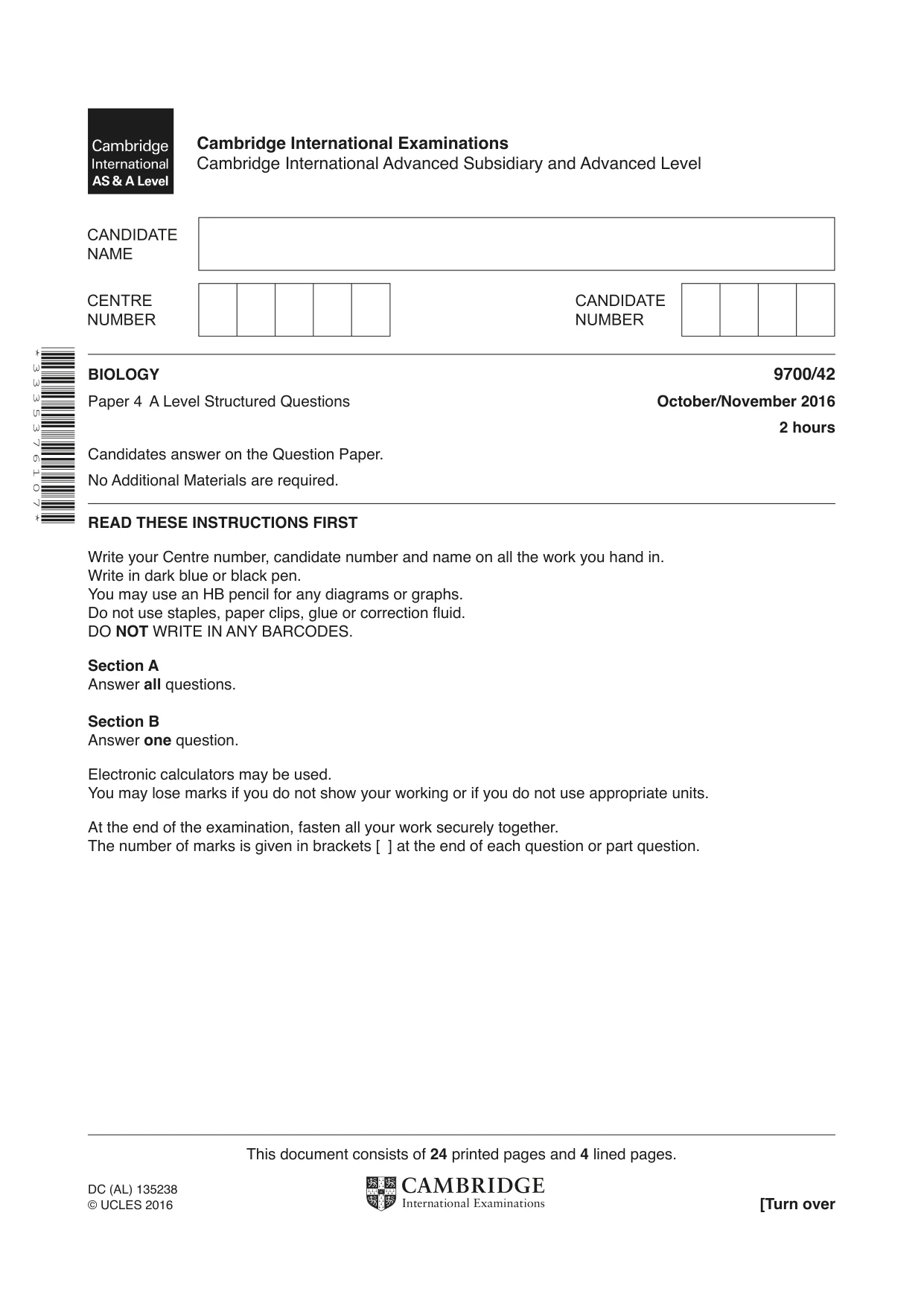 Cambridge A Level Biology 9700 2016 Oct/Nov Paper 4 · Variant 2 question paper, page 1 of 28